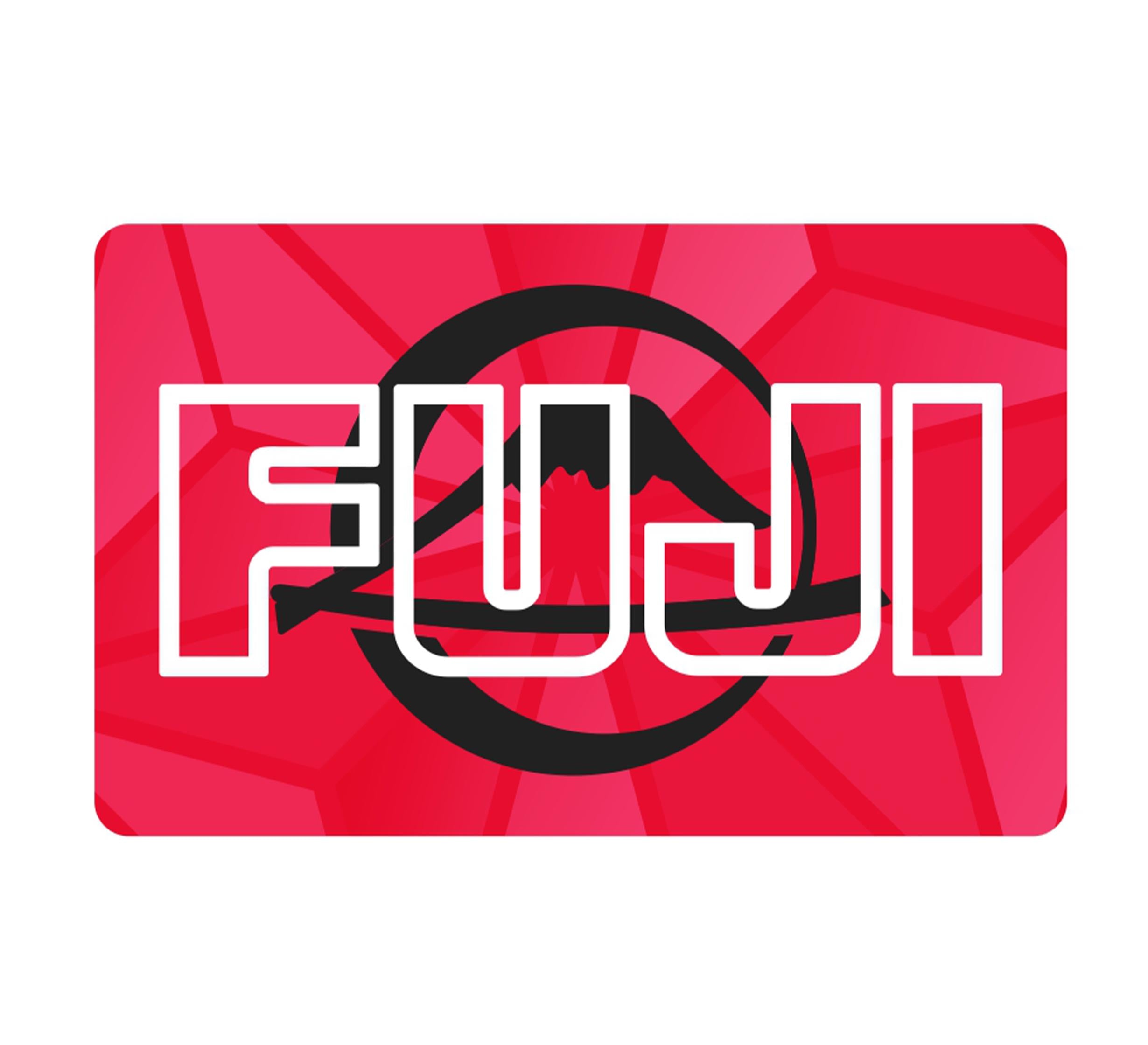 A bold white FUJI text overlays a black Mount Fuji silhouette and circle on a red geometric background featured on the Digital Gift Card.