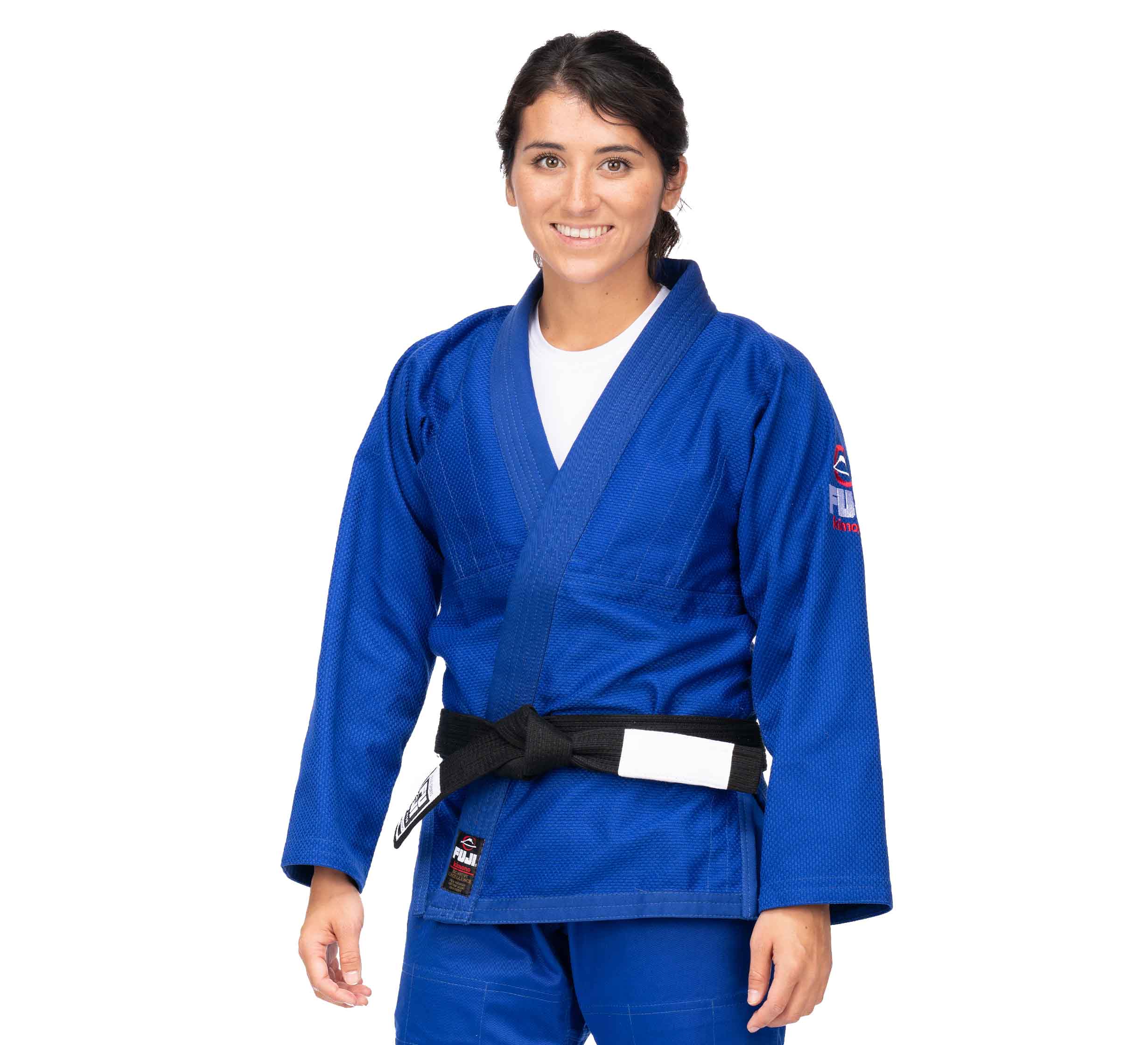 A woman smiles at the camera, wearing the All Around BJJ Gi Blue (Unisex Size) and a black belt against a white background.