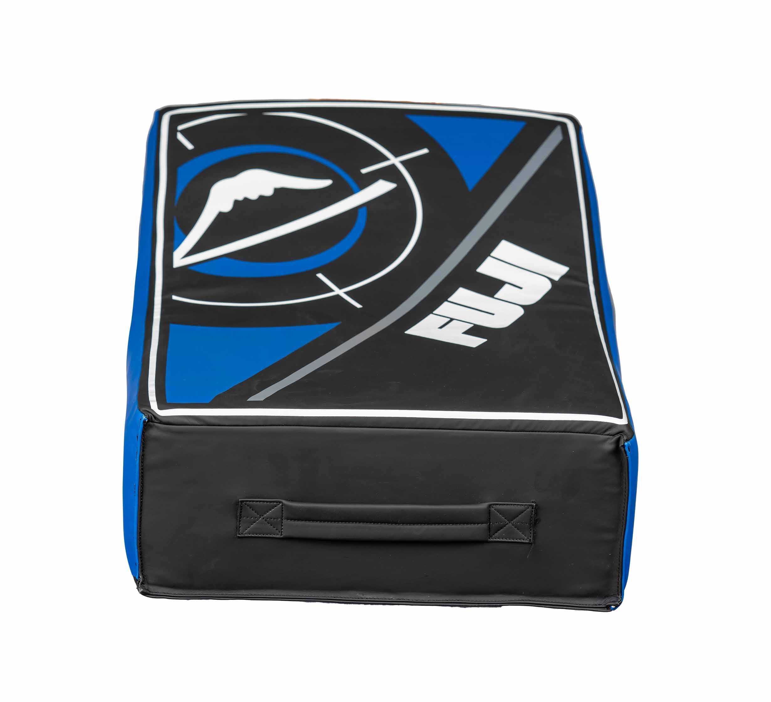 The Precision Striking Kickshield is a rectangular black and blue martial arts kicking pad with a handle and the FUJI logo featuring a stylized mountain graphic on top.