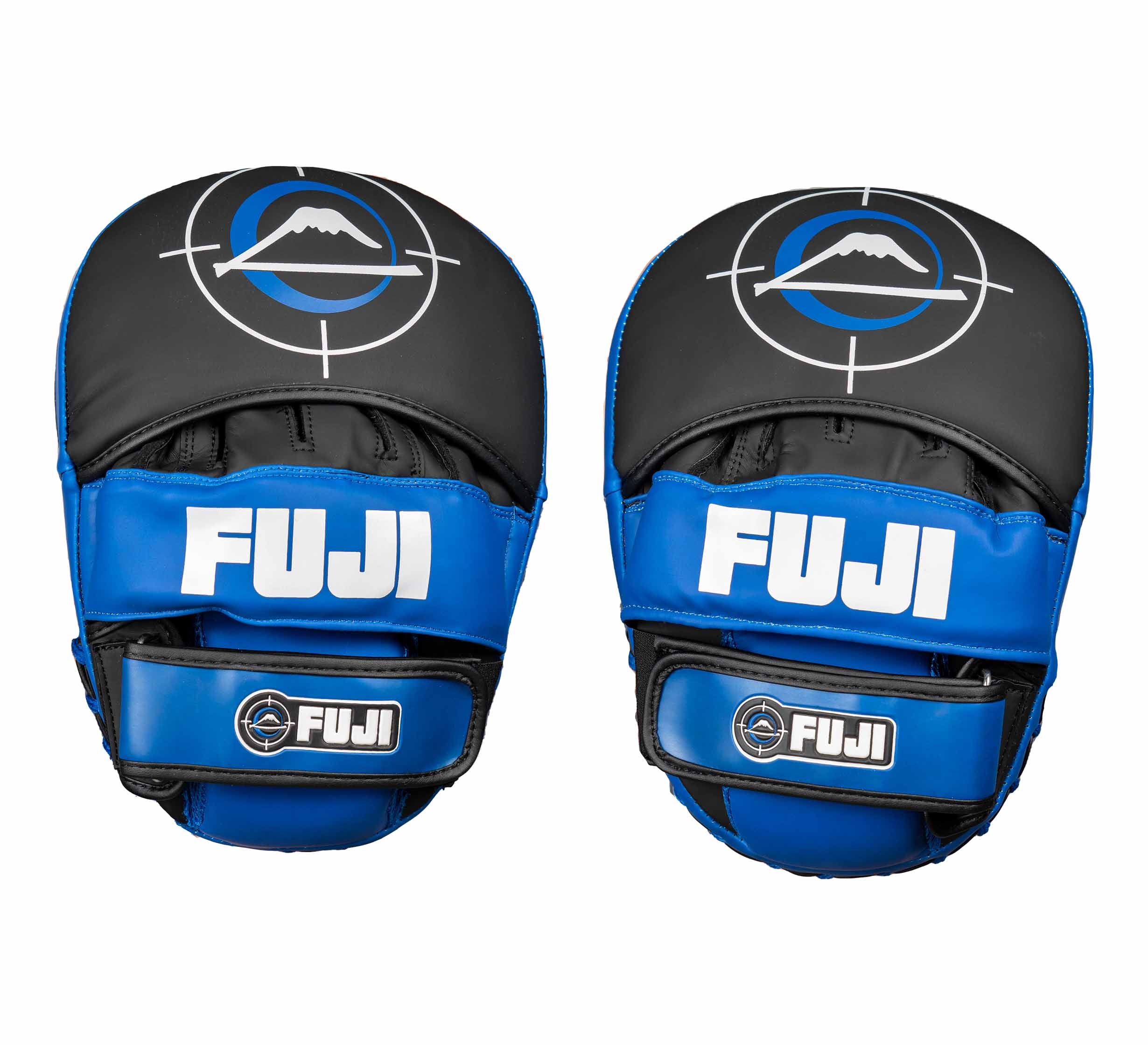 A pair of blue and black Precision Striking Focus Mitts with white branding and mountain symbol, designed for martial arts training, displayed side by side on a white background.