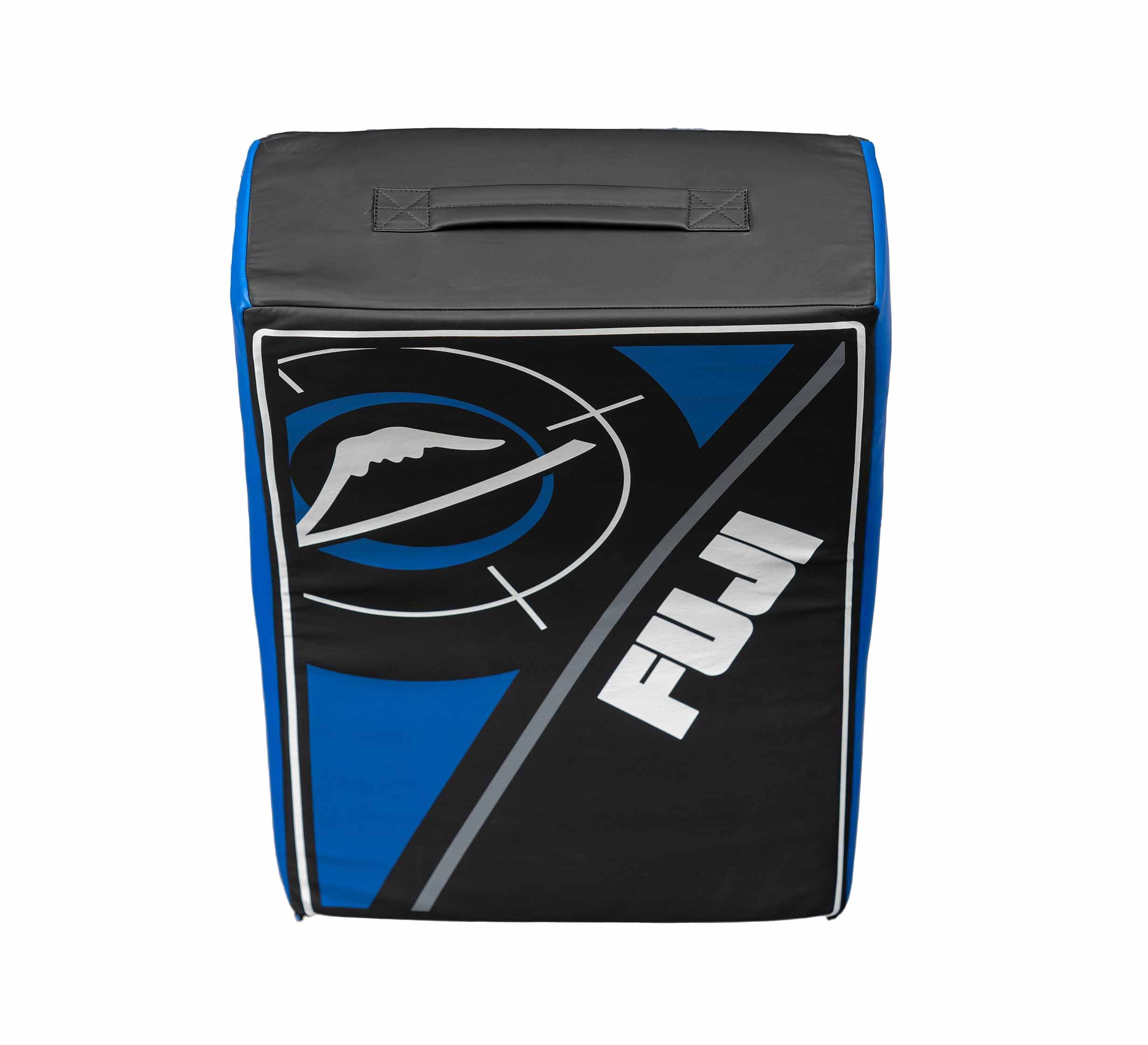 A black and blue Precision Striking Kickshield with a top handle, featuring a stylized mountain logo and bold white "FUJI" text on the front.