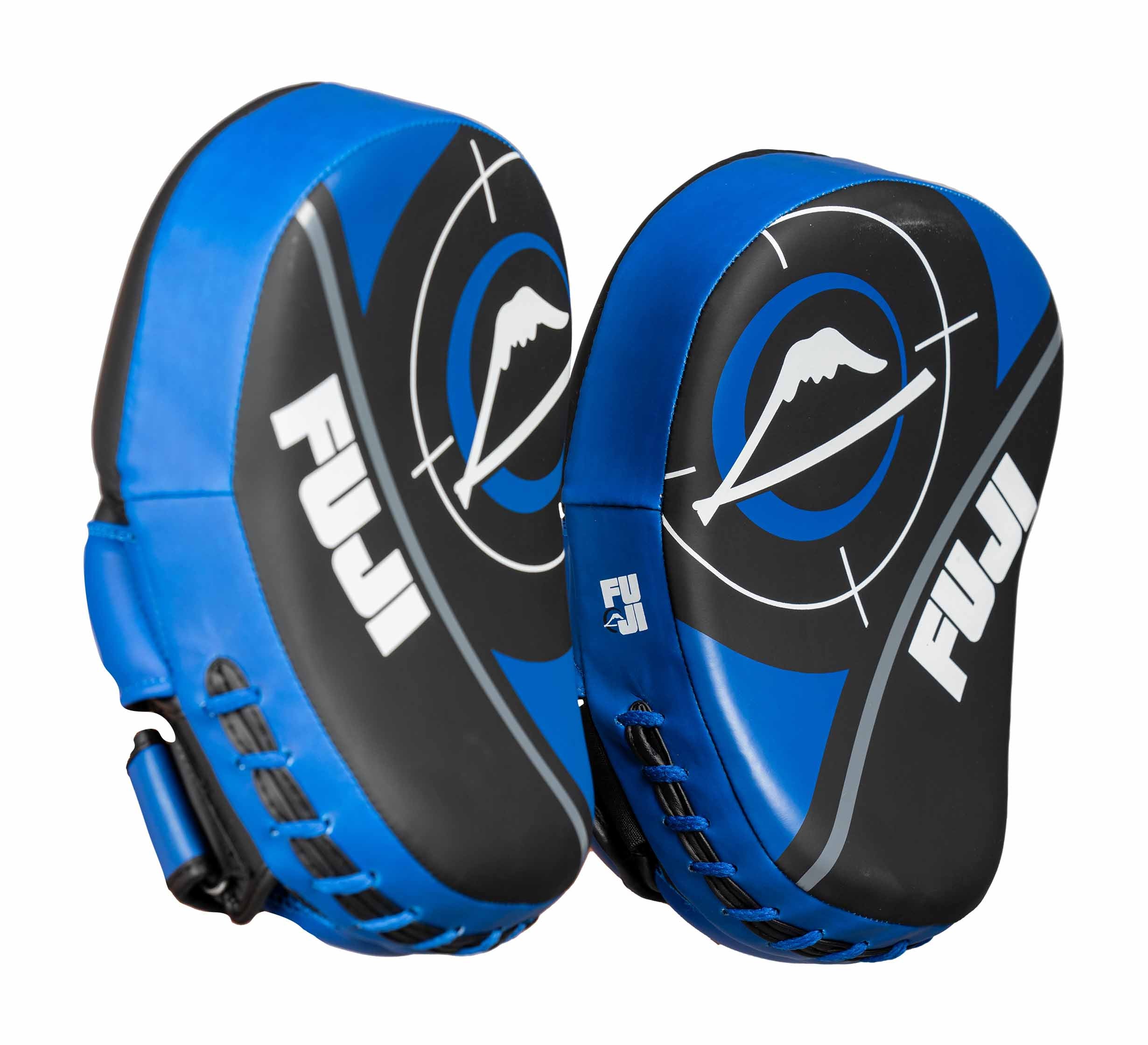 A pair of Precision Striking Focus Mitts in blue and black.