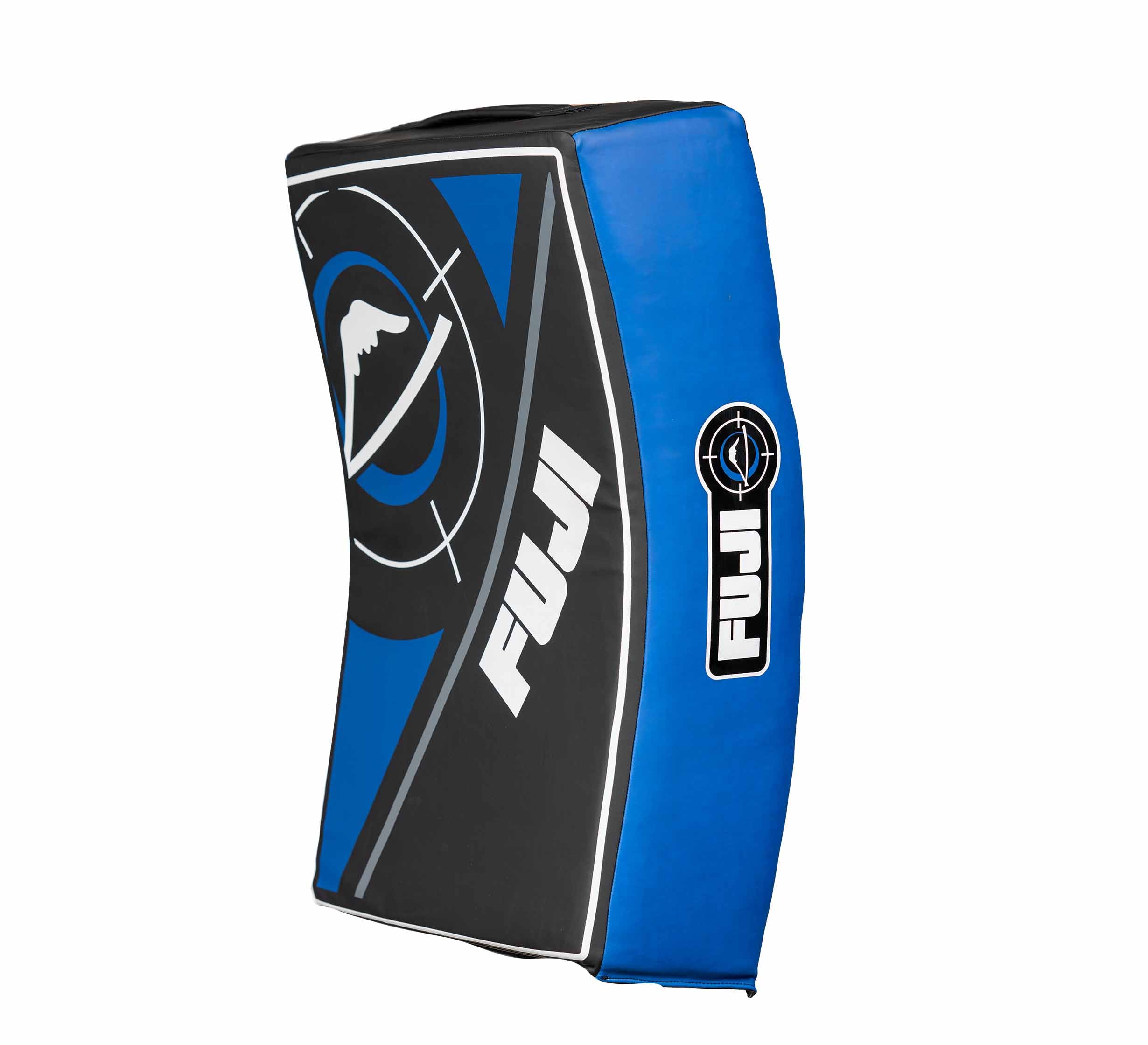 The Precision Striking Kickshield is a blue and black rectangular pad featuring a white mountain logo and circular target design on the front and side.