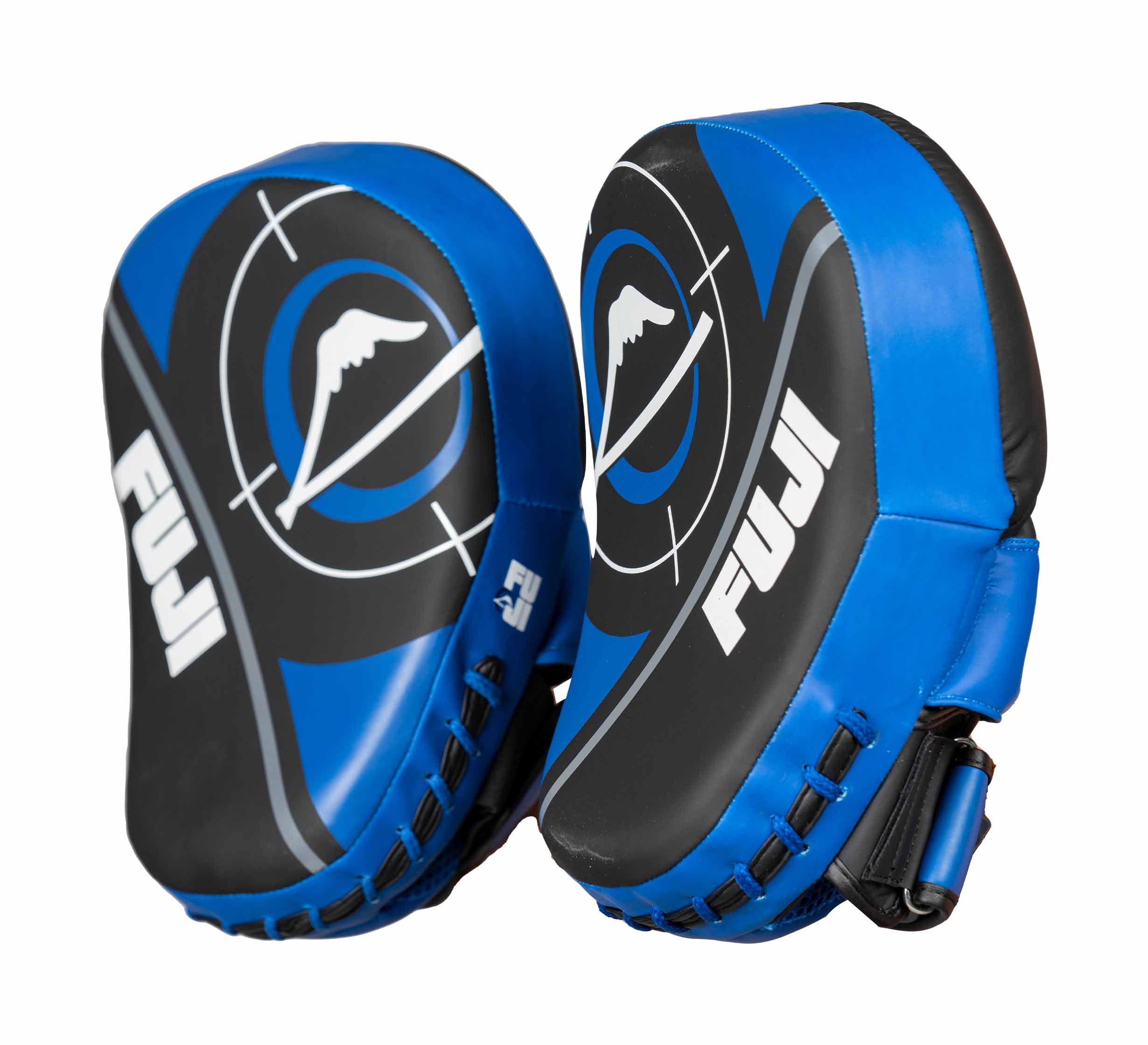The Precision Striking Focus Mitts are blue and black with white FUJI branding and a mountain logo. They feature wrist straps and circular target designs on the striking surface.