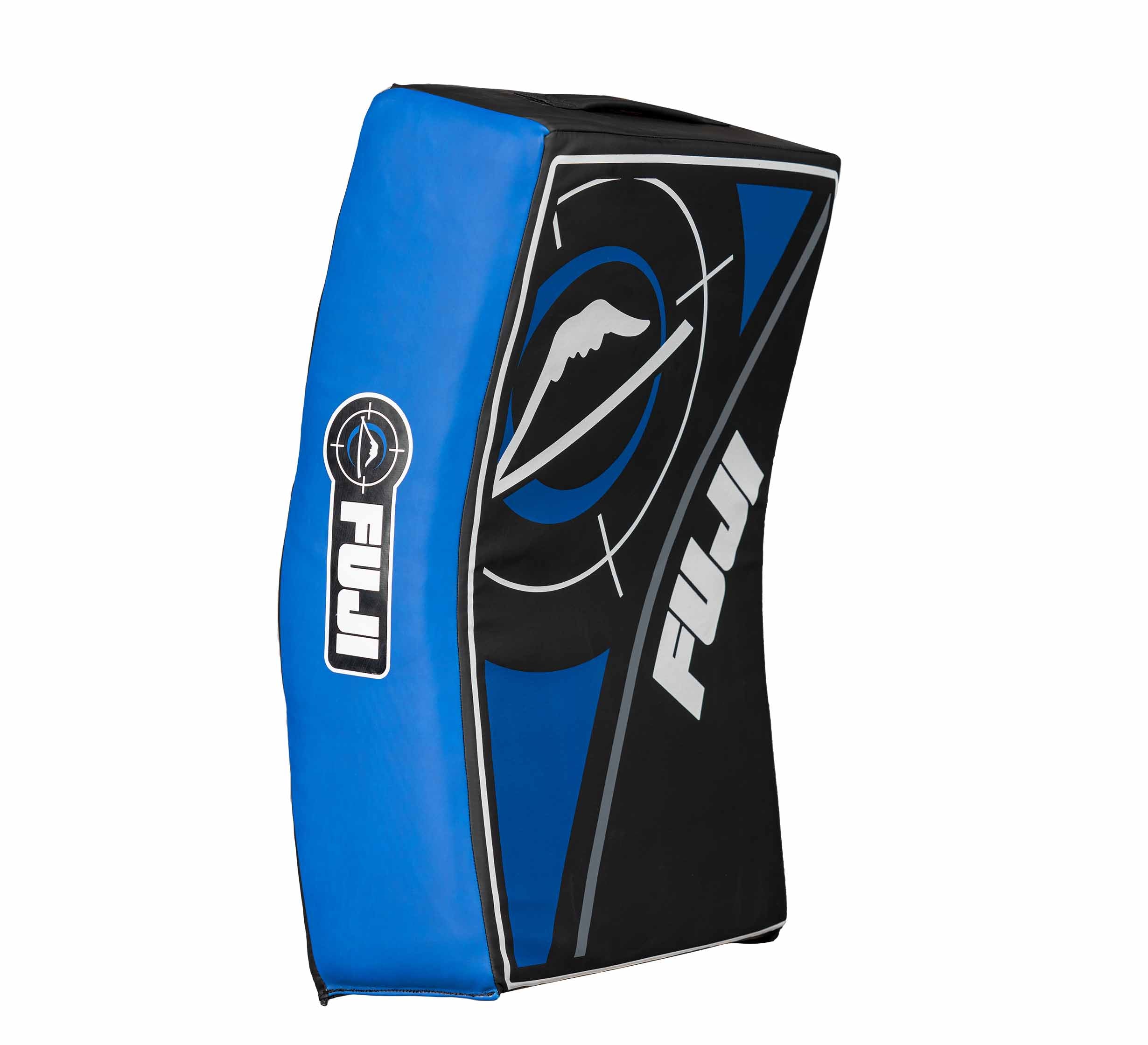 A blue and black FUJI Precision Striking Kickshield featuring a target design and front logo stands upright against a white background.