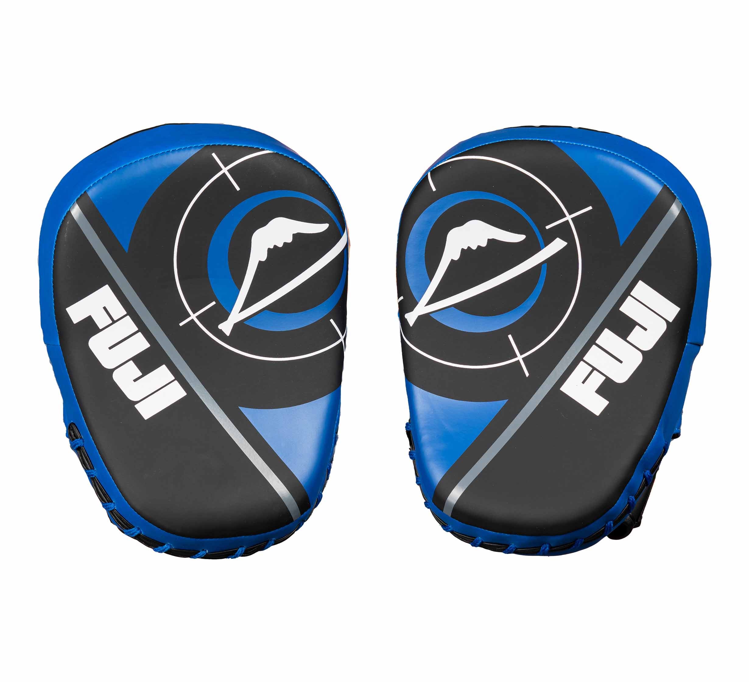 Two blue and black Precision Striking Focus Mitts with "FUJI" and a white mountain logo printed on each, displayed side by side on a white background.