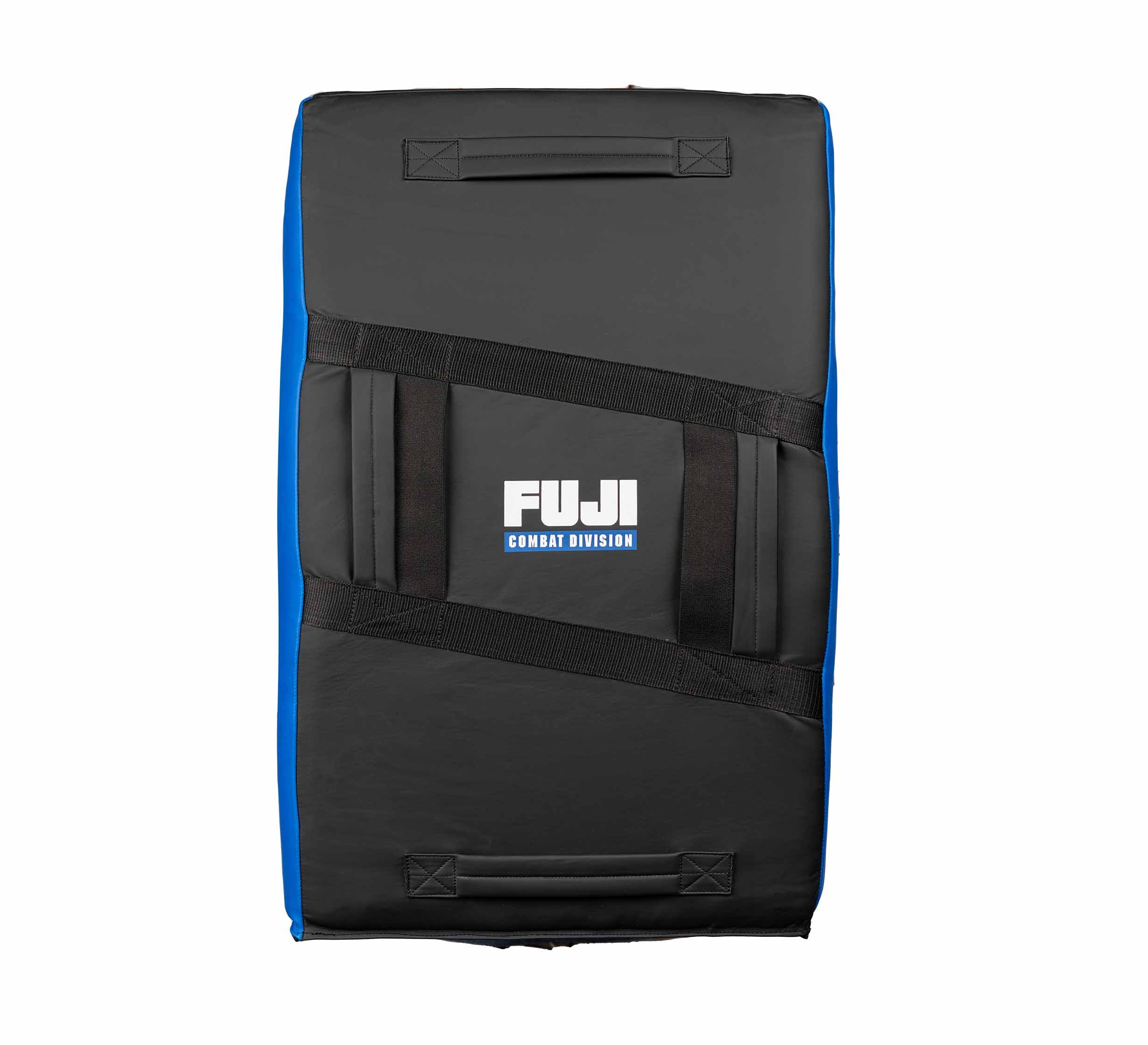 The Precision Striking Kickshield is a rectangular black and blue pad with side and front handles, displaying the FUJI Combat Division logo centered on a white label.