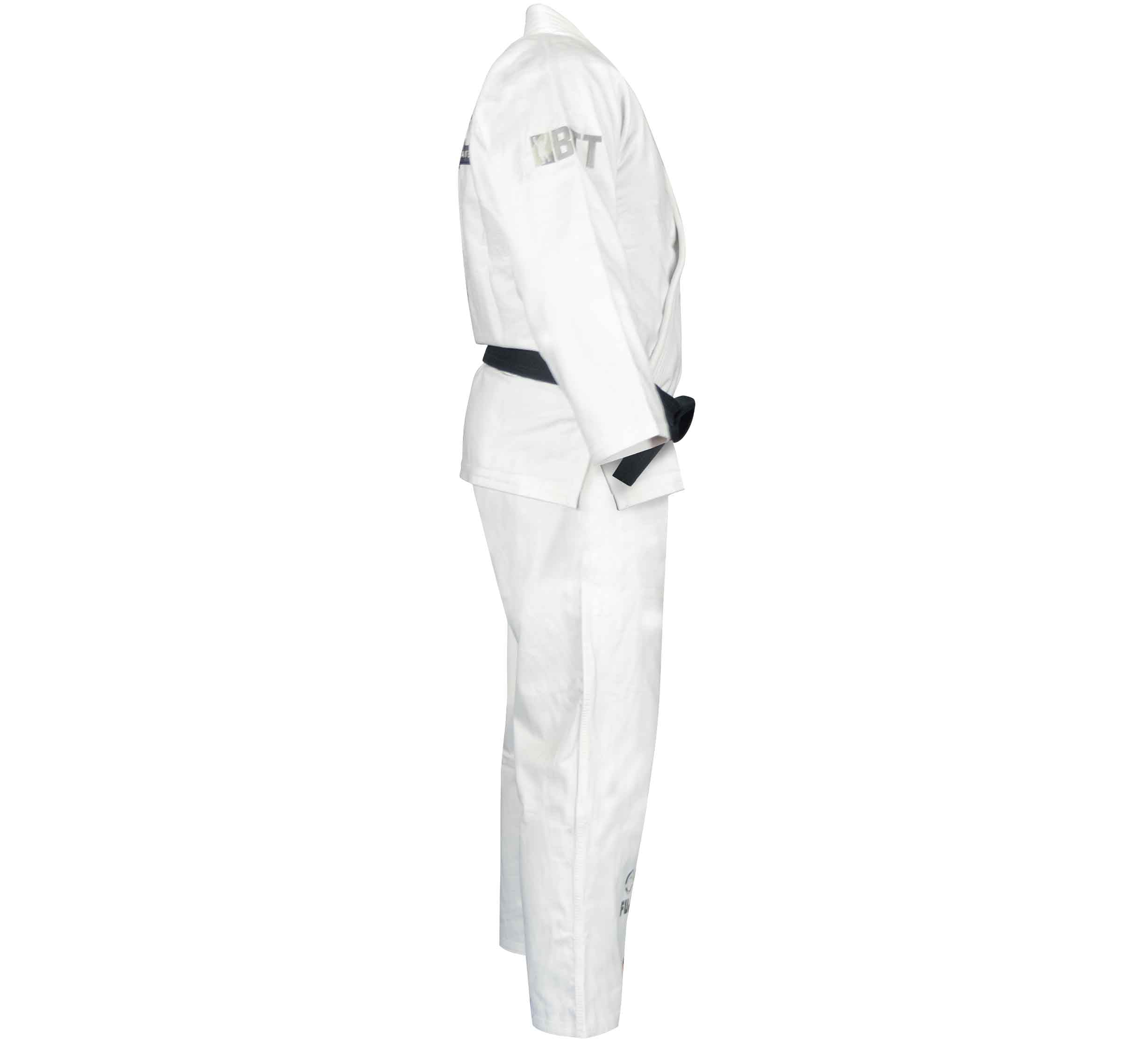The BTT Lightweight BJJ Gi White, shown on a mannequin from the side, features shoulder and pant patches and is styled with a black belt.