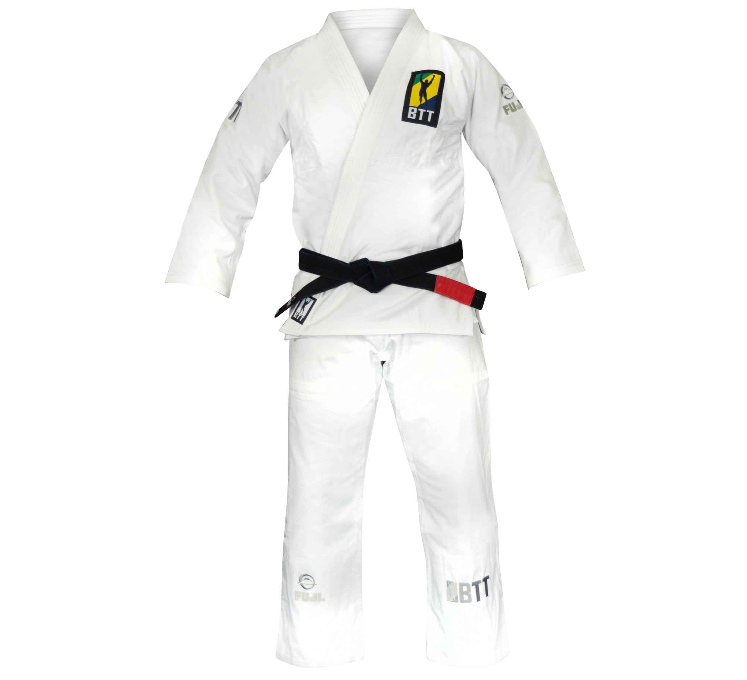The BTT Lightweight BJJ Gi White is shown with a black belt and BTT logo patches on the chest and pant leg, displayed on an invisible mannequin.