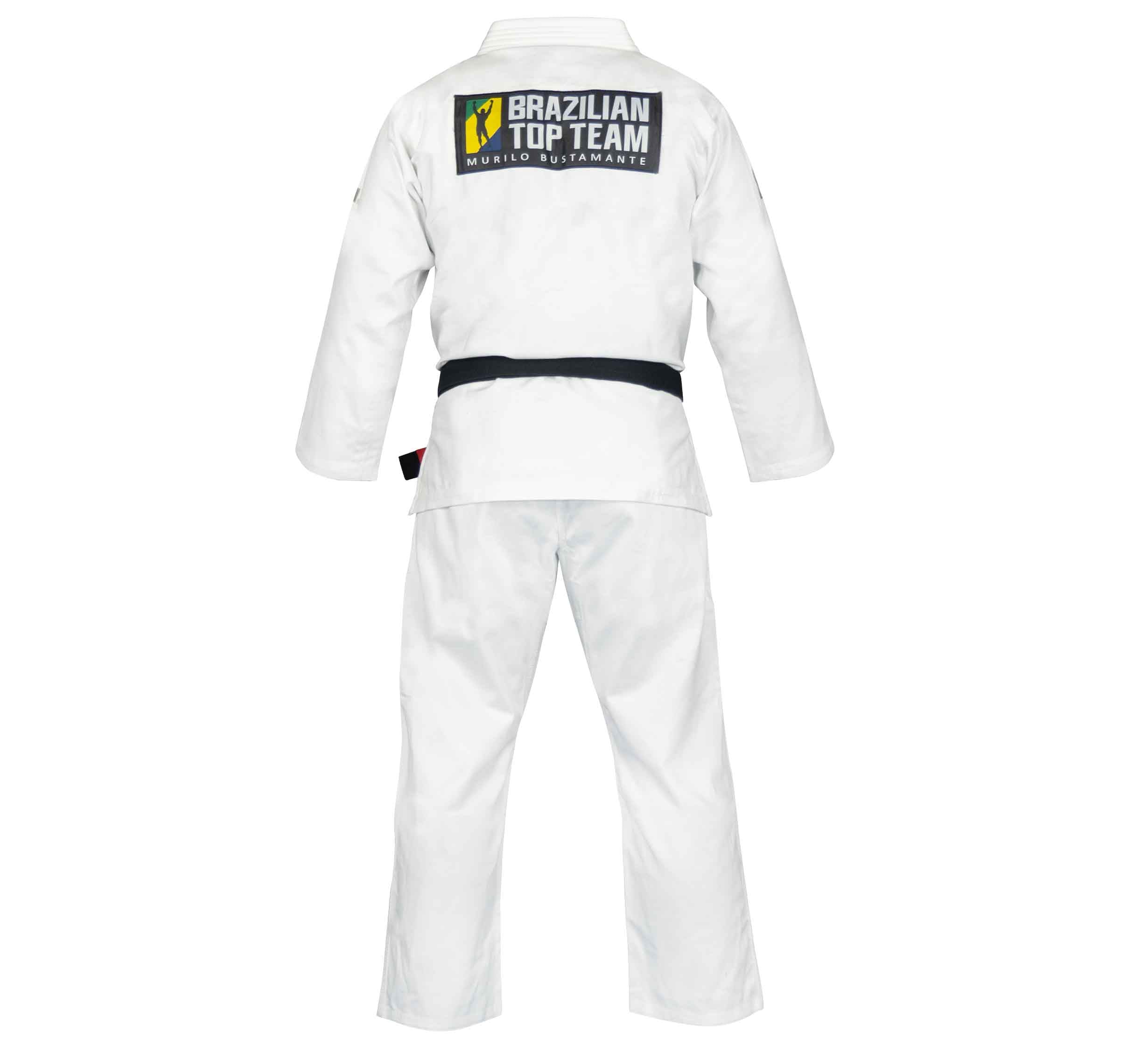 A person wearing the BTT Lightweight BJJ Gi White with a black belt, seen from the back. The gi features a “Brazilian Top Team Murilo Bustamante” patch on the upper back.