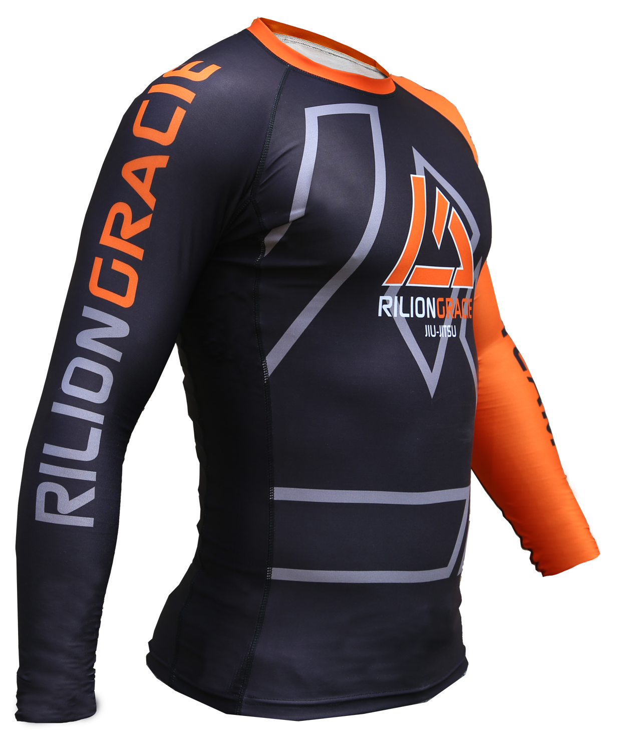 The Rilion Gracie Long Sleeve Kids Rashguard features black and orange colors, Rilion Gracie text on the right sleeve, a large chest logo, and is designed for Jiu-Jitsu training.