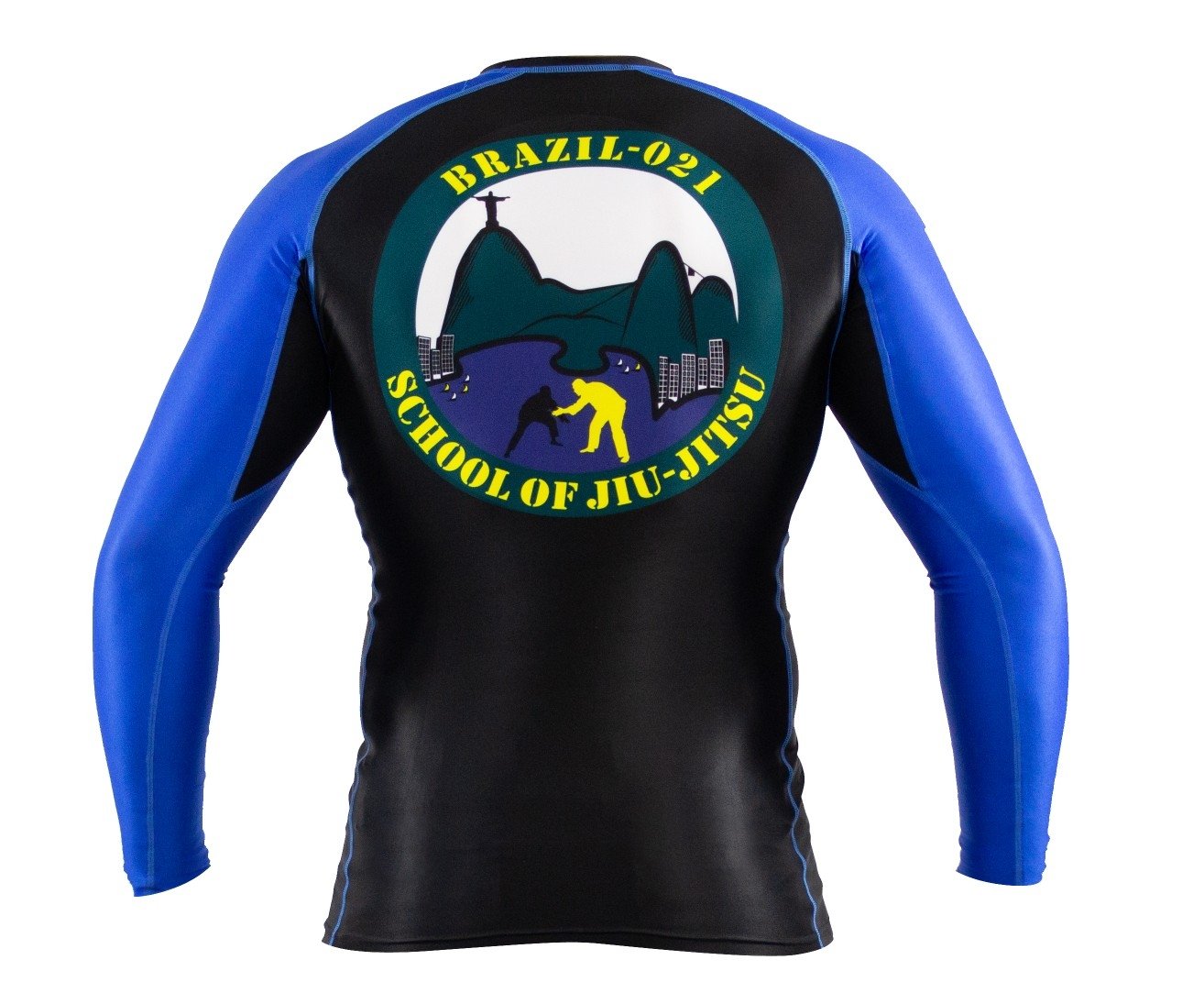 The BRAZIL 021 Ranked Rashguard features blue long sleeves and a large circular Brazil-021 School of Jiu-Jitsu logo on the back with a cityscape, mountains, and two figures practicing jiu-jitsu.
