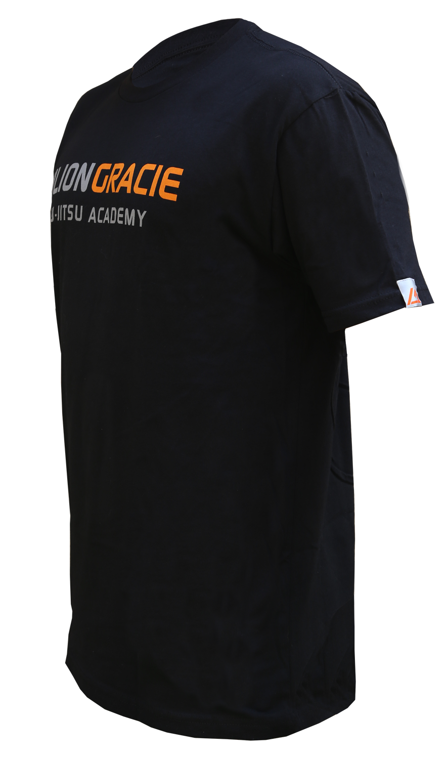 The Rilion Gracie Classic T-Shirt is a black short-sleeve tee featuring "LION GRACIE JIU-JITSU ACADEMY" in white and orange on the chest, plus a small logo tag on the left sleeve.