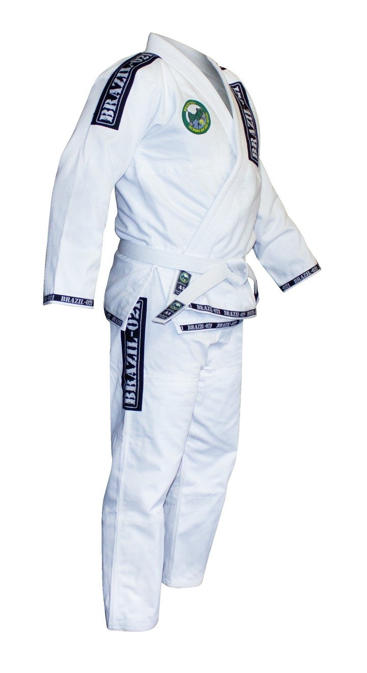 The BRAZIL 021 Adult BJJ Gi, white with a belt, features patches and logos on the chest, shoulders, and pants, shown on a mannequin against a white background.