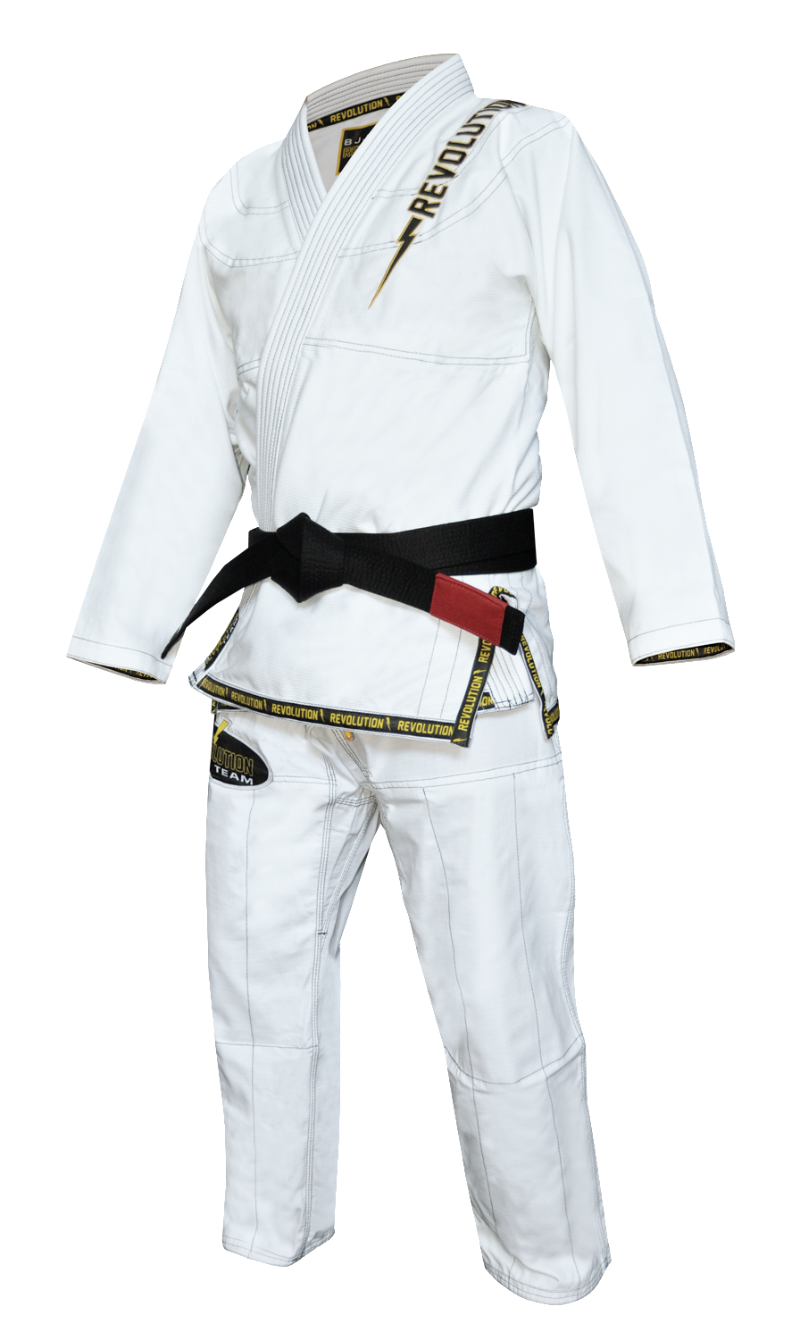 The BJJ Revolution Super Lite Kids Gi is a white Brazilian Jiu-Jitsu uniform with gold and black trim, a black belt, and REVOLUTION branding, shown on an invisible mannequin against a plain white background.