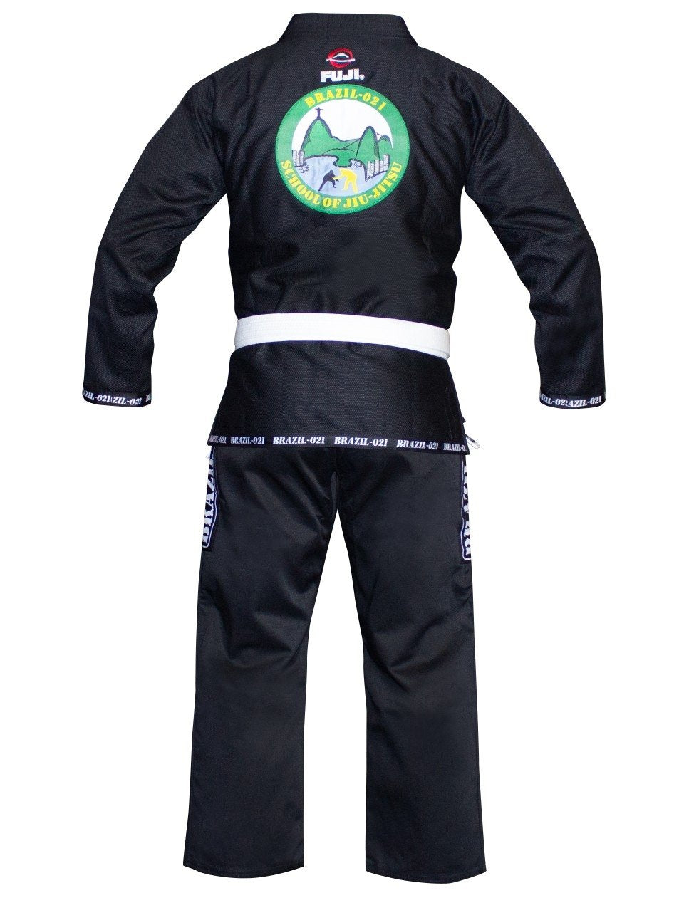The BRAZIL 021 Official BJJ Kids Gi in black with a white belt is shown from the back, featuring a colorful circular patch that reads "School of Jiu Jitsu" with two hands doing a fist bump.