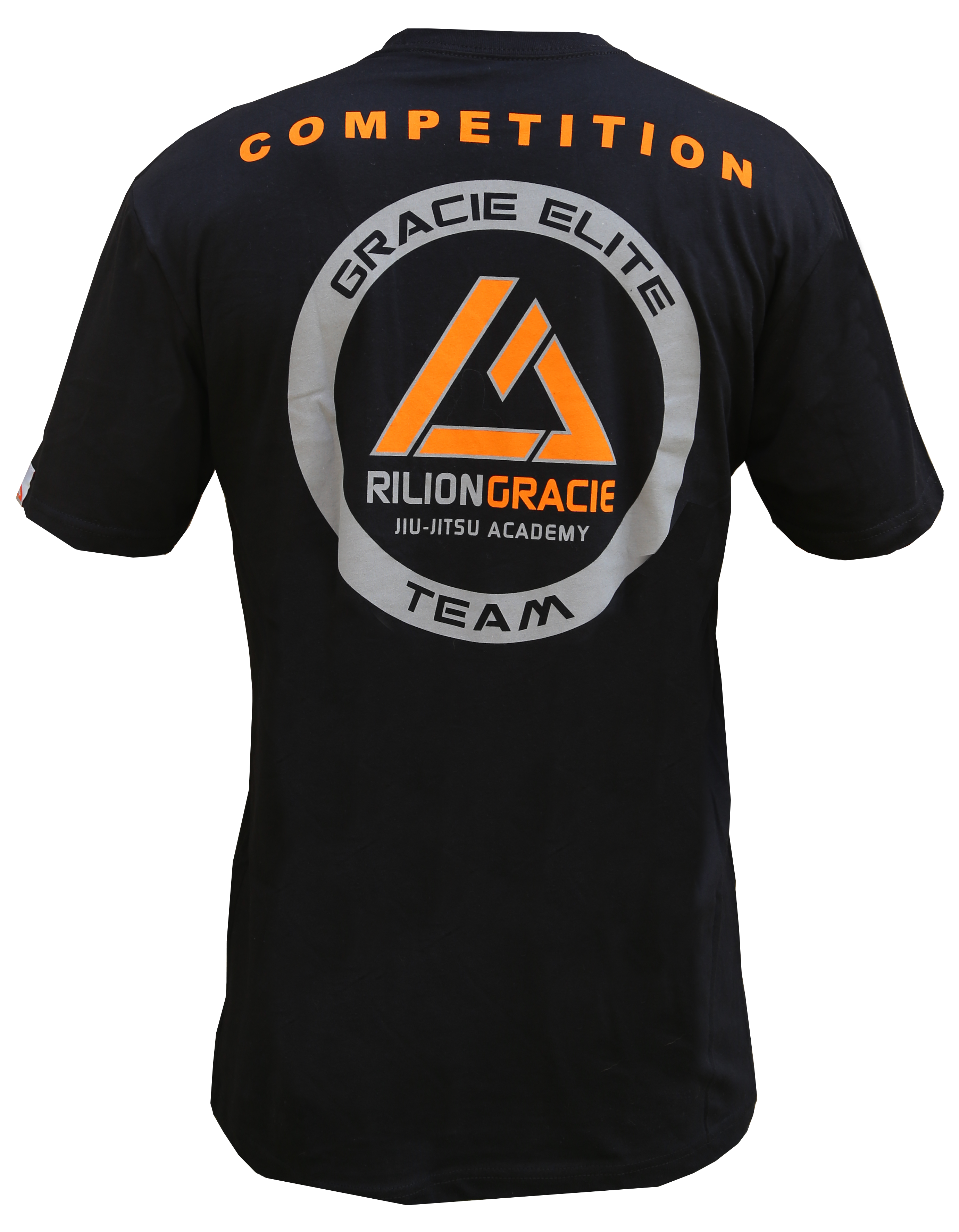 The Rilion Gracie Classic Kids T-Shirt is a black tee featuring COMPETITION in orange on the upper back and a large circular Rilion Gracie Jiu-Jitsu Academy logo in orange, white, and gray with GRACIE ELITE TEAM around it.