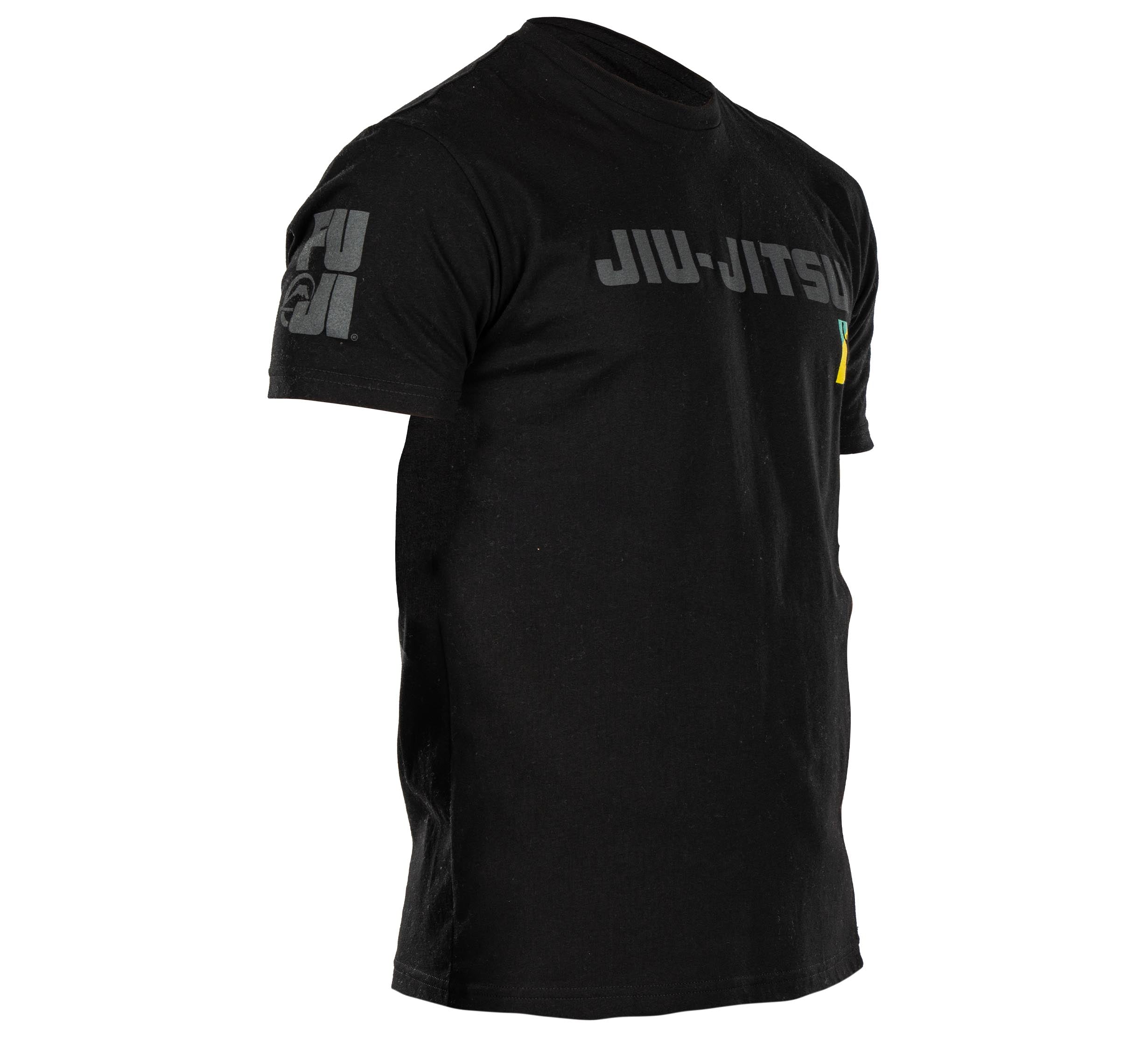 The BTT Blackout T-Shirt is a black short-sleeve tee with "JIU-JITSU" in gray across the chest and gray text on the left sleeve, shown on a white background.