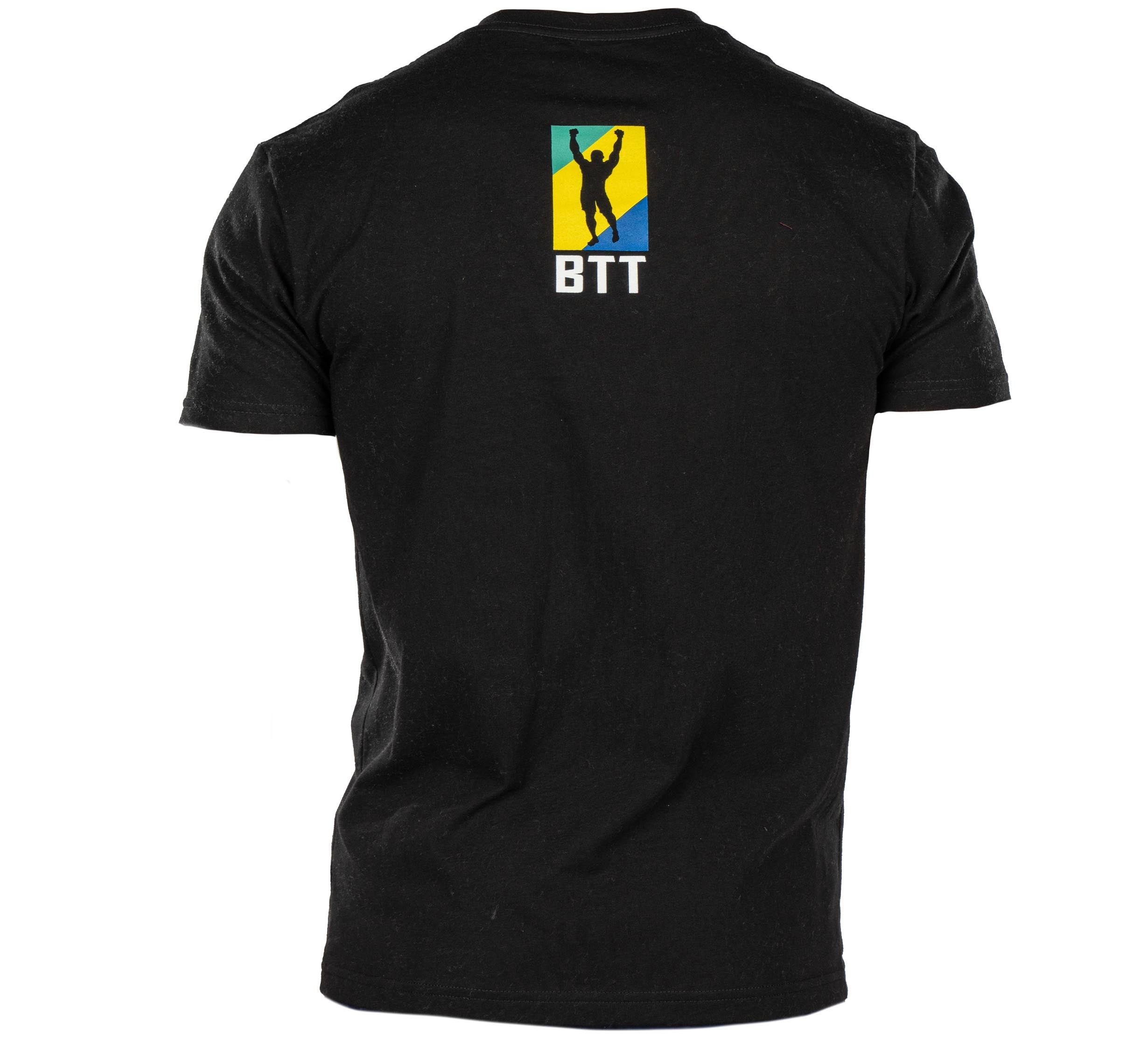 The BTT Blackout T-Shirt is shown from the back, featuring a small logo near the top with a yellow, green, and blue background, a silhouette of a person, and "BTT" printed below the logo.
