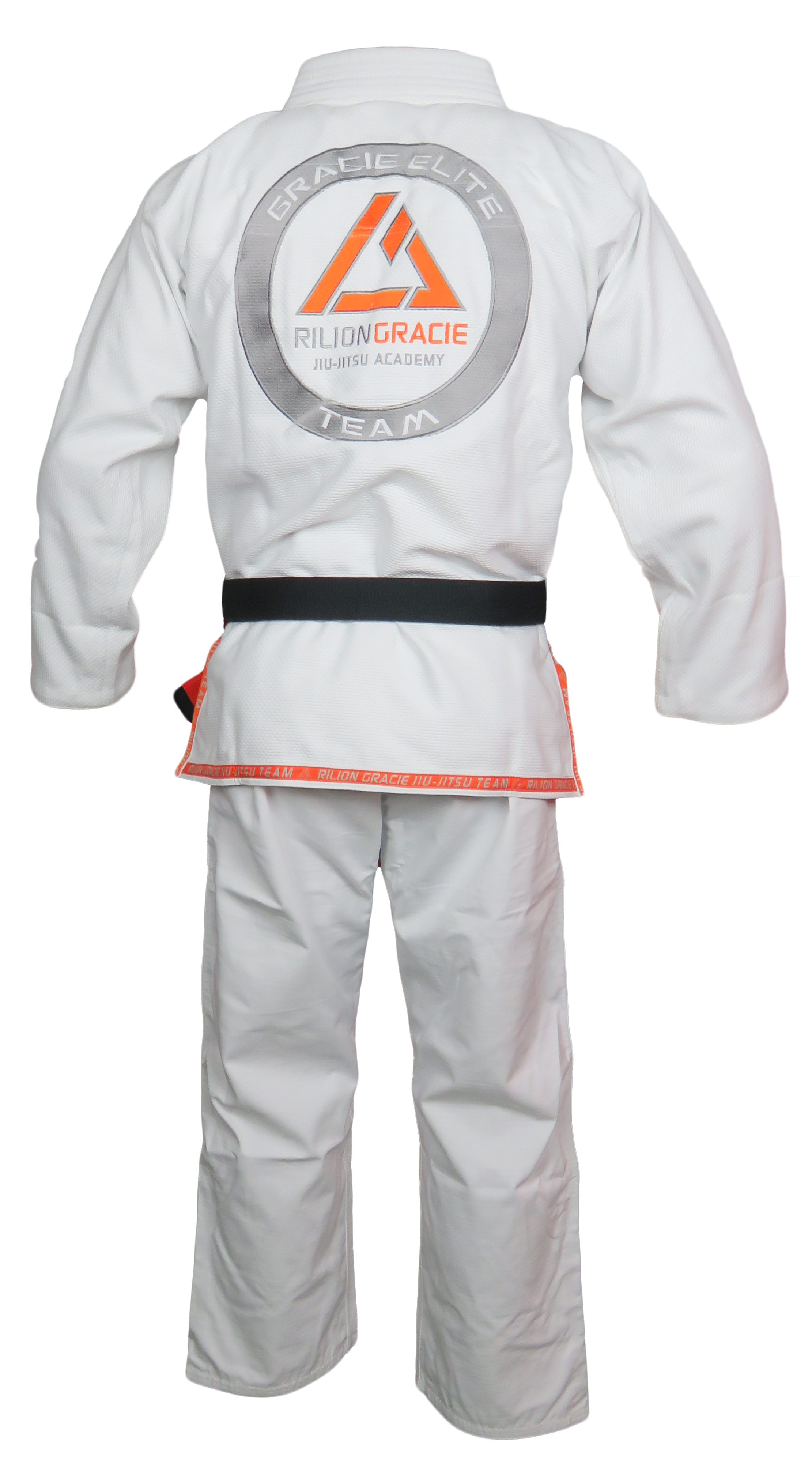 The Rilion Gracie Team Womens Gi White is shown from the back with a black belt. A large circular patch on the back reads "Rilion Gracie Jiu-Jitsu Academy Gracie Elite Team.