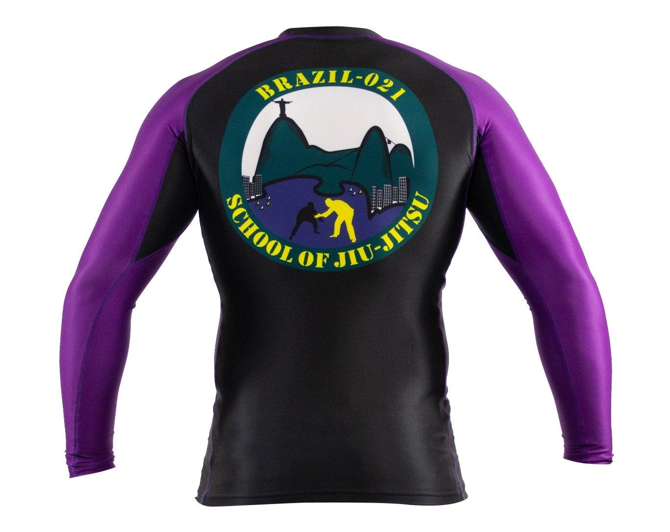 The BRAZIL 021 Ranked Rashguard is a black and purple long-sleeve featuring a large circular Brazil-021 School of Jiu-Jitsu patch on the back, with two grapplers and a stylized Rio de Janeiro skyline.