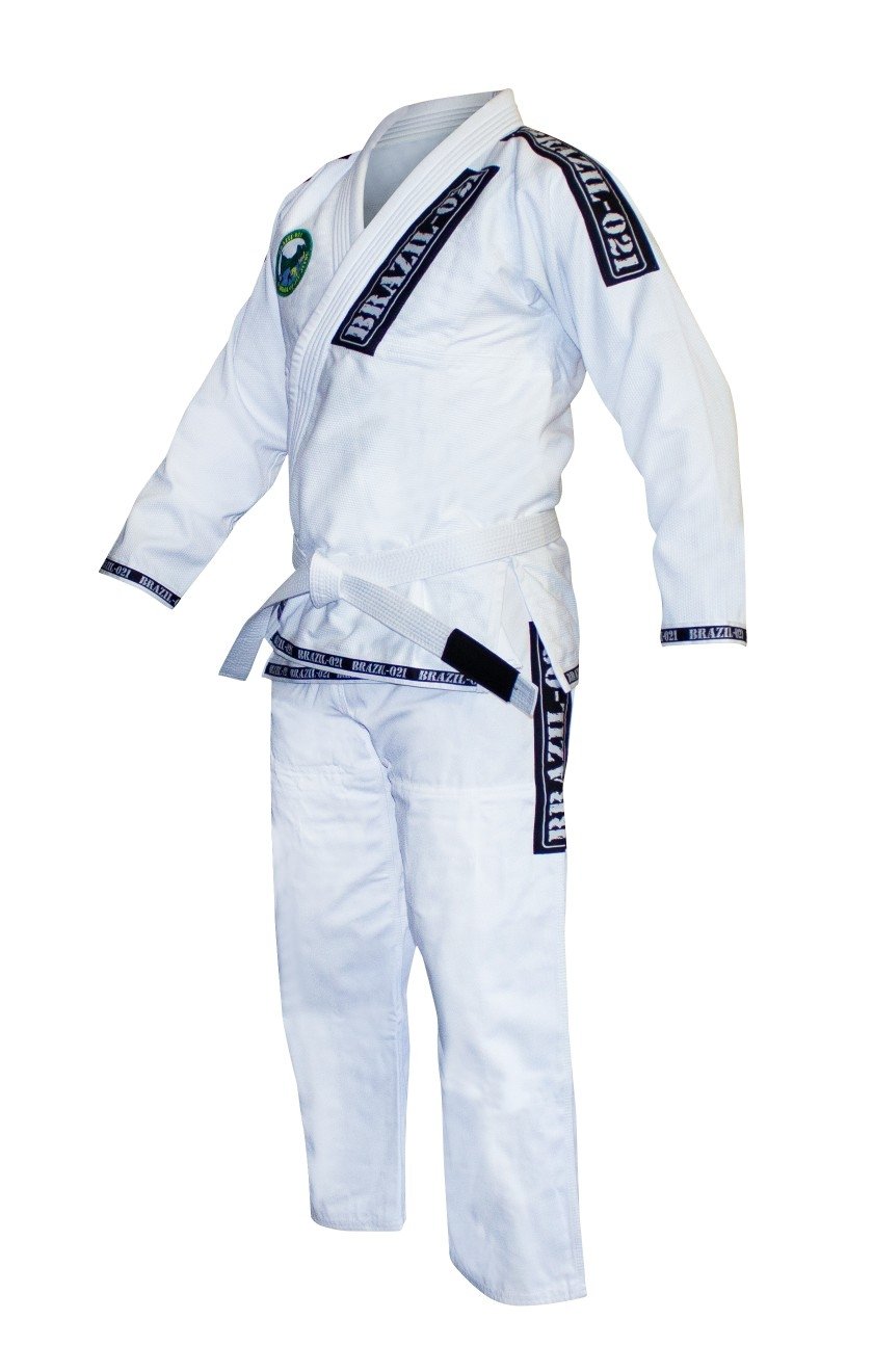 The BRAZIL 021 Adult BJJ Gi, white with a black belt and multiple patches, is showcased on a headless, armless mannequin against a plain white background.