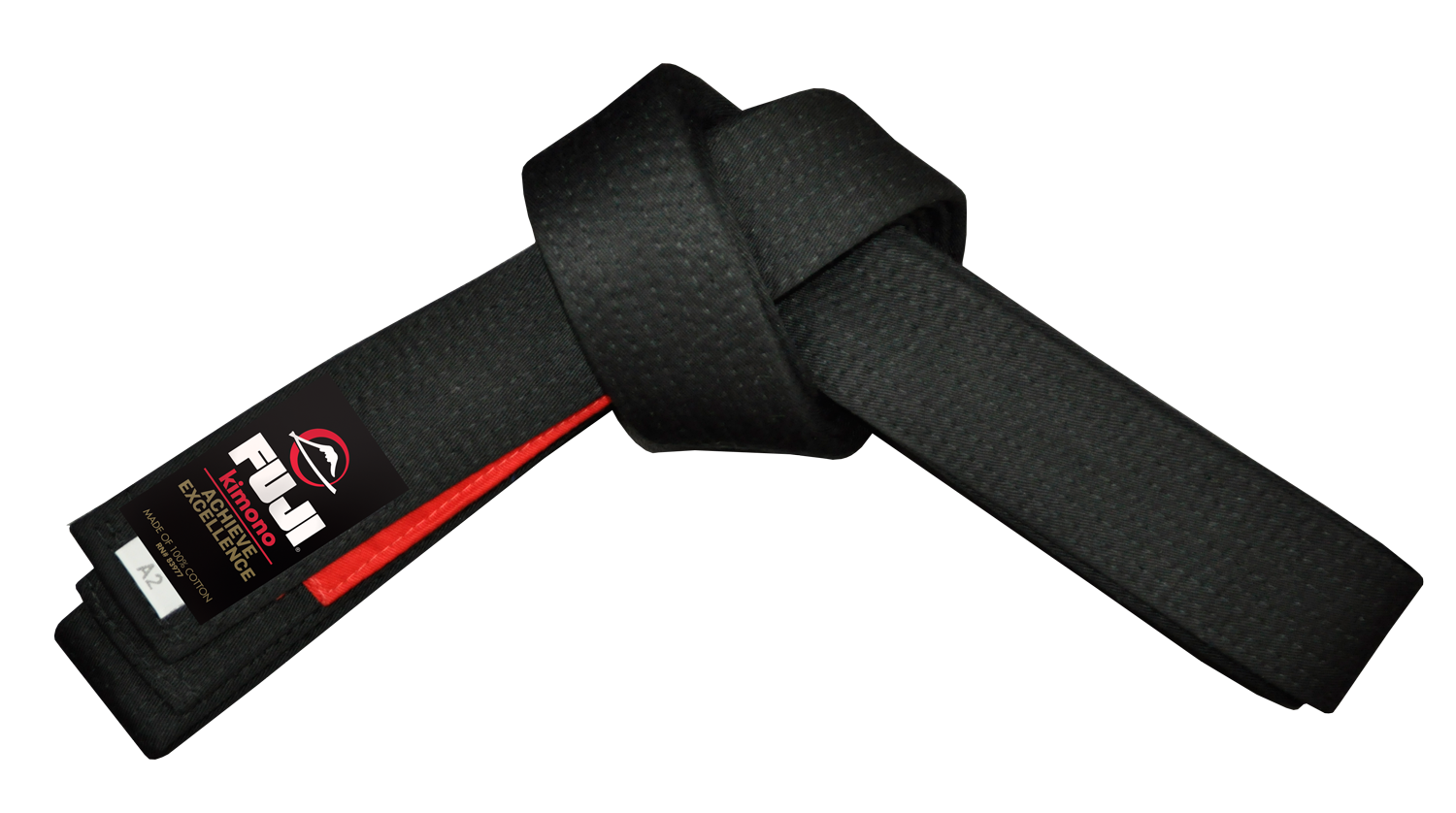 The Jiu Jitsu Adult Belt features a neatly tied black design with a Fuji logo tag and red stripe on one end, displayed on a plain white background.