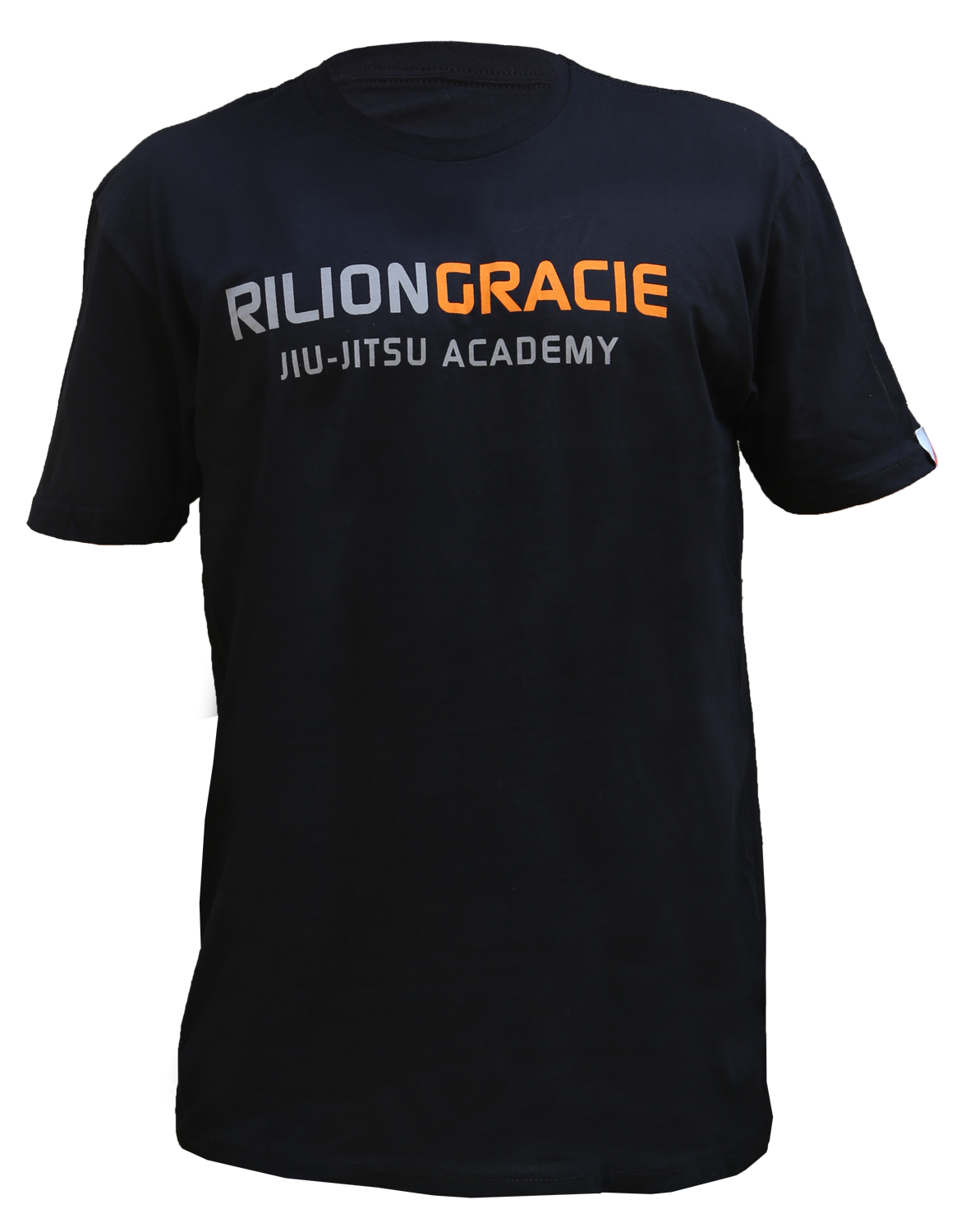 The Rilion Gracie Classic T-Shirt in black features "RILION GRACIE JIU-JITSU ACADEMY" printed on the front in white, gray, and orange letters.