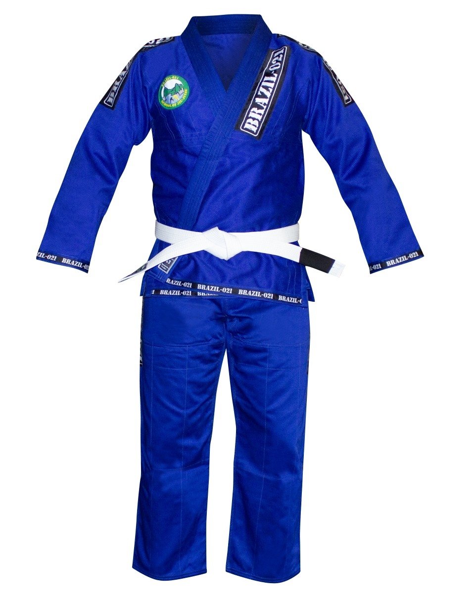 The BRAZIL 021 Official BJJ Kids Gi is a blue Brazilian Jiu-Jitsu uniform with a white belt and patches on the shoulders, chest, and pant legs, shown against a white background.