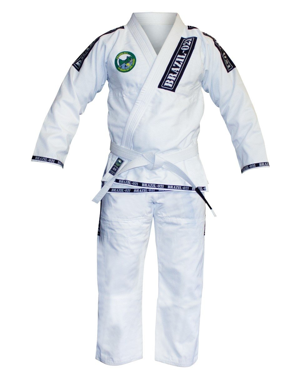 The BRAZIL 021 Adult BJJ Gi is a white Brazilian Jiu-Jitsu uniform with a matching white belt, adorned with patches and logos on the chest, shoulders, and pants, shown on a plain white background.