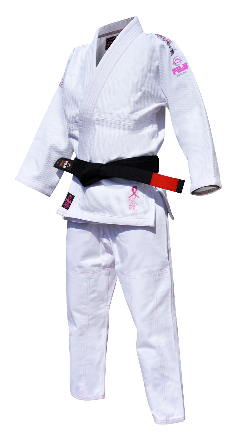 The Blossom Kids Jiu Jitsu Gi White features pink embroidered logos and comes with a black belt featuring a red bar, displayed on a plain white background.