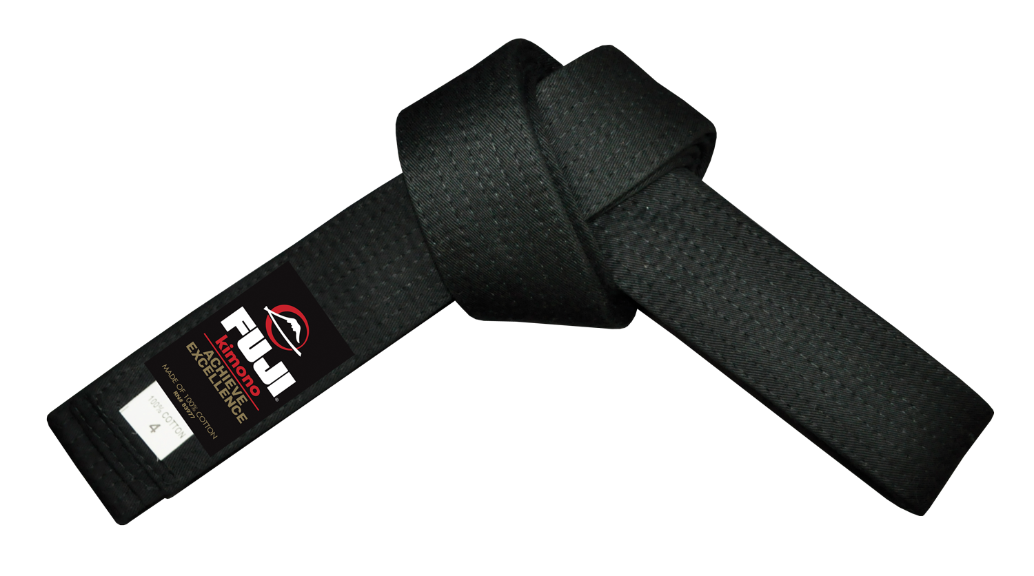 A Fuji Judo Color Belt in black, featuring the Fuji logo and label, is tied in a knot on a white background.
