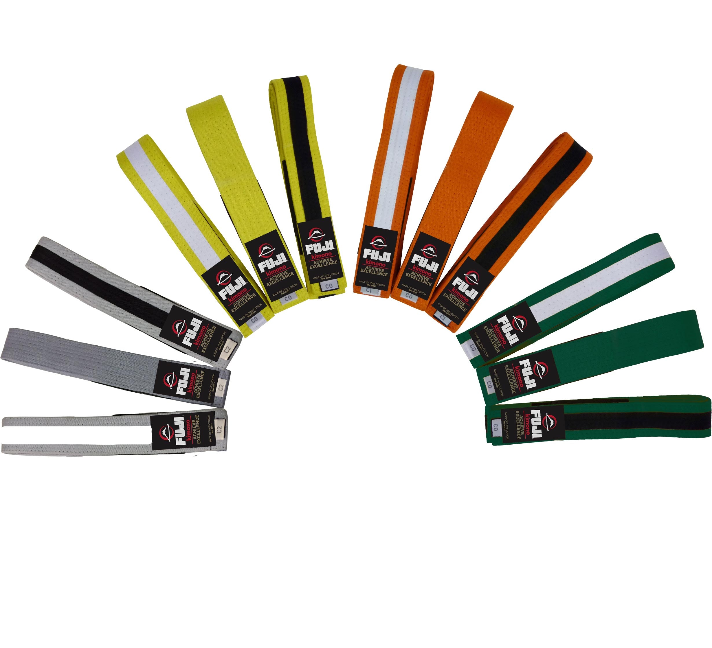 The Kids Jiu Jitsu Colored Belt is displayed in a semicircle, featuring yellow, gray, white, orange, green, and black belts with Fuji labels and black stripes on a white background.