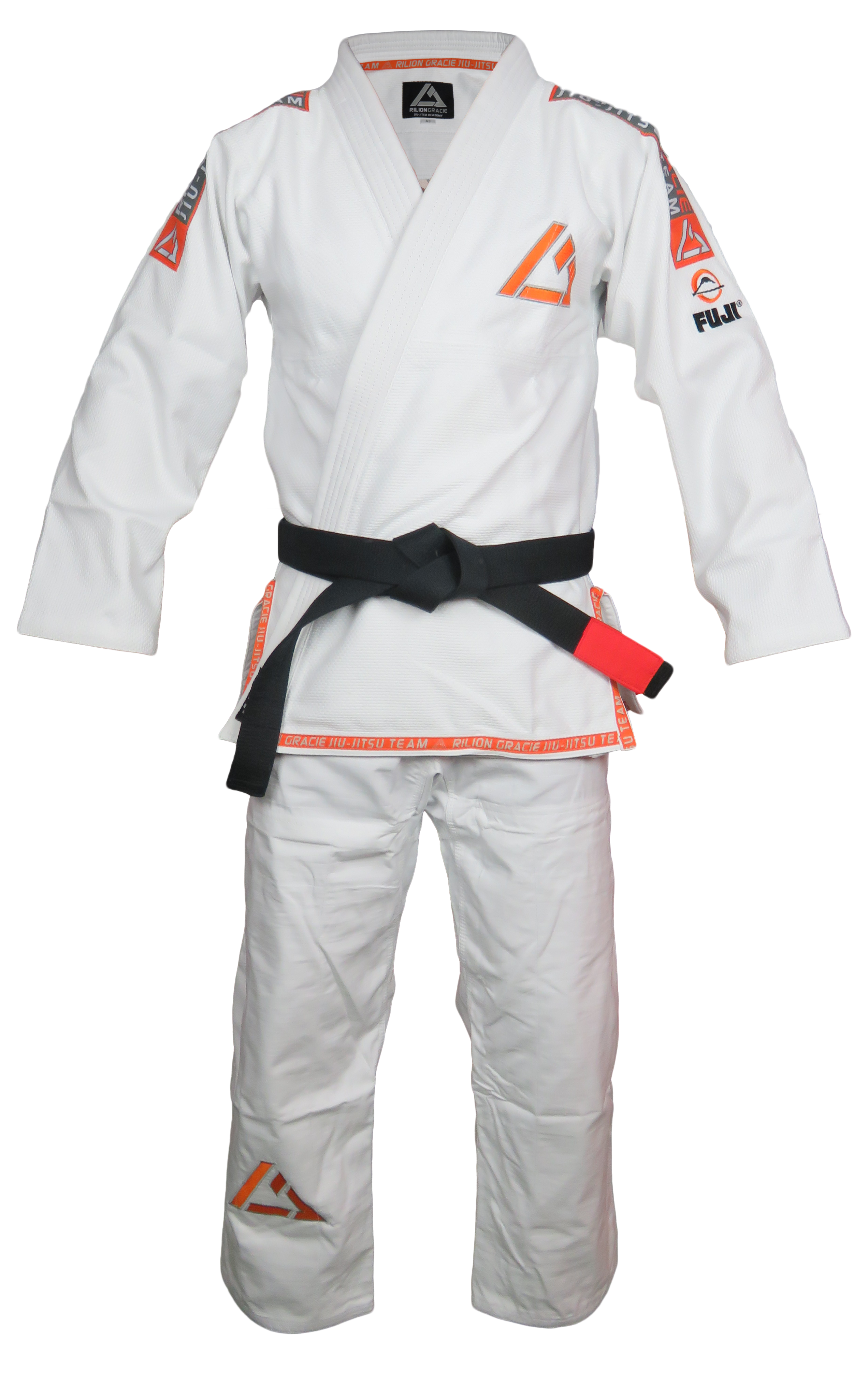 The Rilion Gracie Kids Team Gi White, featuring orange accents and patches, is shown on a mannequin torso with a black belt tied at the waist.