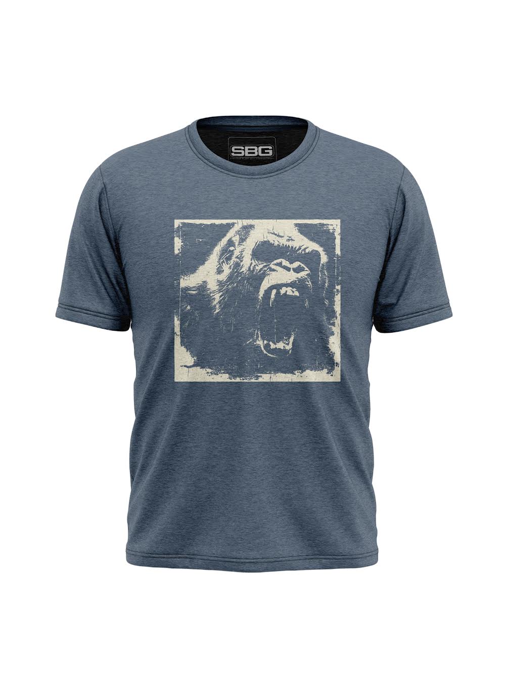 The Screaming Gorilla Fade T-Shirt Blue features a round neckline, short sleeves, and a large distressed beige graphic of a roaring gorilla face on the chest. Includes an SBG label on the inside collar.