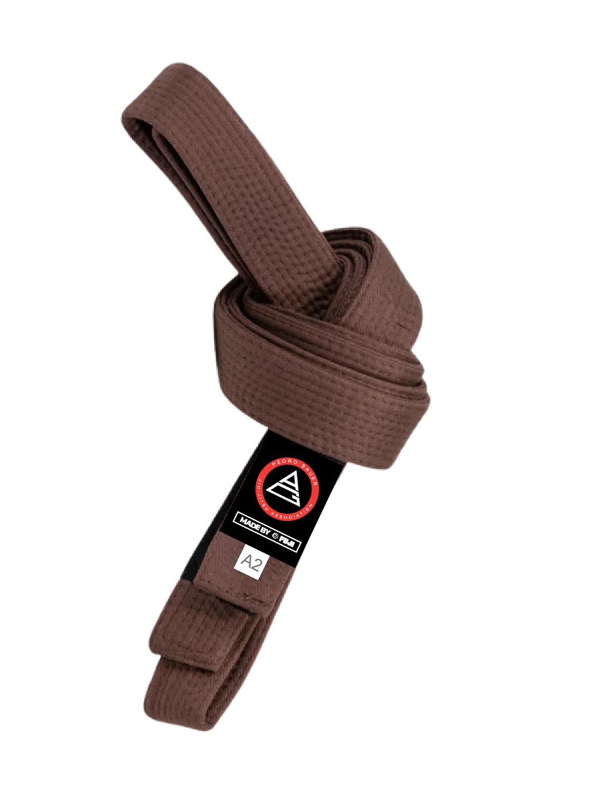The Pedro Sauer Official Jiu Jitsu Belt Brown is tied in a knot, featuring a black label with a red and white logo, the words "Pedro Sauer," and a small white patch labeled A2.