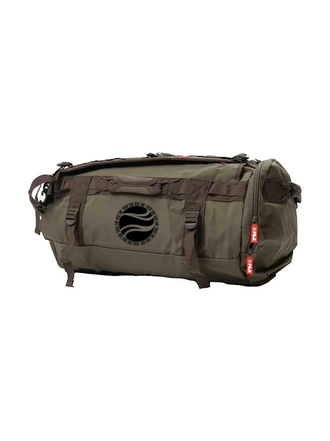 The SBG Comp Duffle Military Green Bag is a spacious olive-green duffel with black straps, side pockets, red zipper pulls, and a round black logo featuring a wave design at the center.