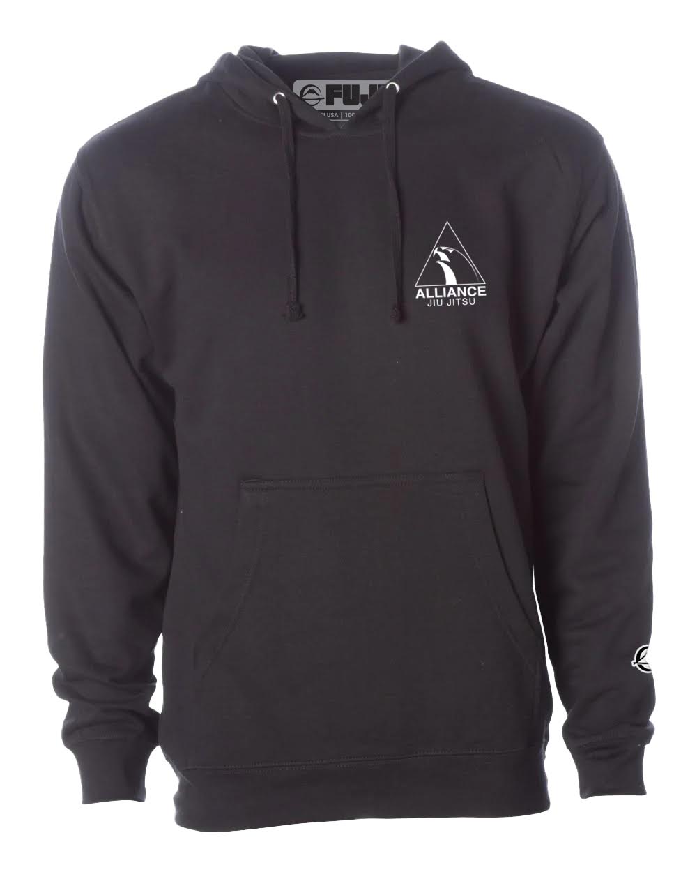 The Alliance Jiu-Jitsu Essential Hoodie Black features a front pocket, drawstrings, and white graphics—a chest triangle logo with a bird and "Alliance Jiu Jitsu" text, plus a small white logo on the left sleeve.