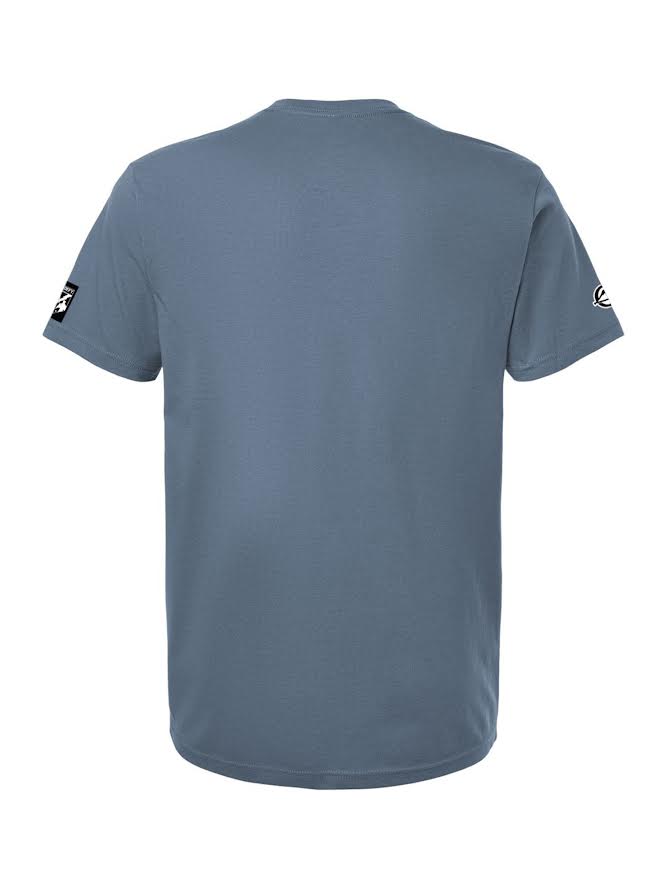A plain blue short-sleeve t-shirt, the We Defy Retro Star Blue, shown from the back and featuring small white logos on both sleeves.