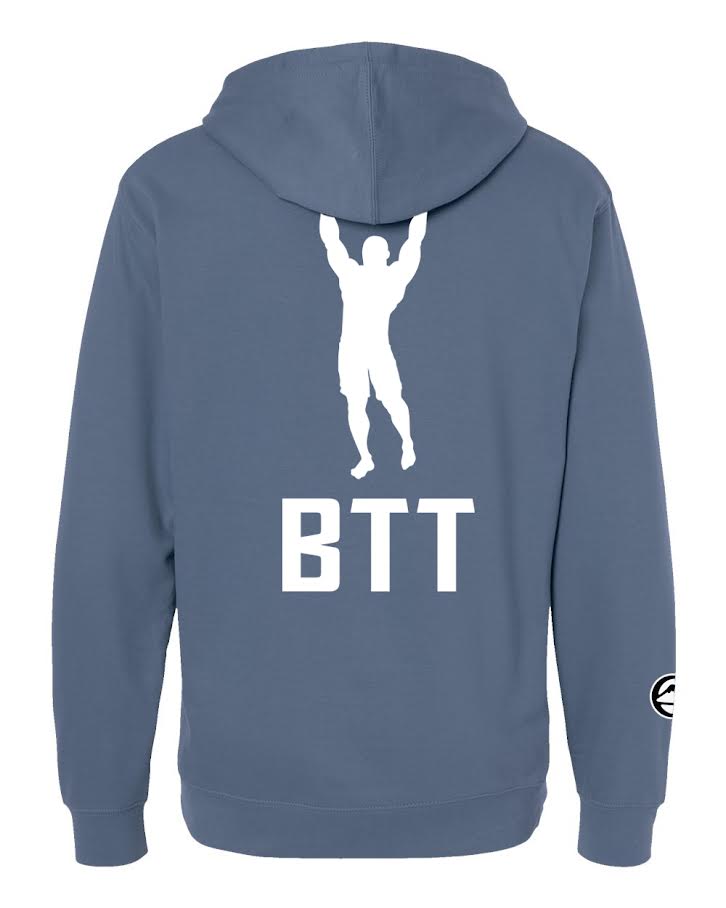 Back view of a storm blue BTT Essential Hoodie featuring a white silhouette of a person lifting weights and the letters BTT printed on the back, with a small logo on the left sleeve.