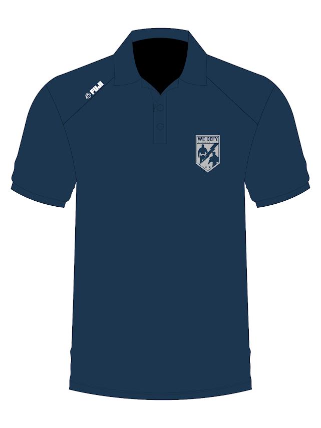 We Defy Performance Navy short-sleeve polo shirt in navy blue with a white logo on the right shoulder and a shield-shaped patch on the left chest depicting two figures.