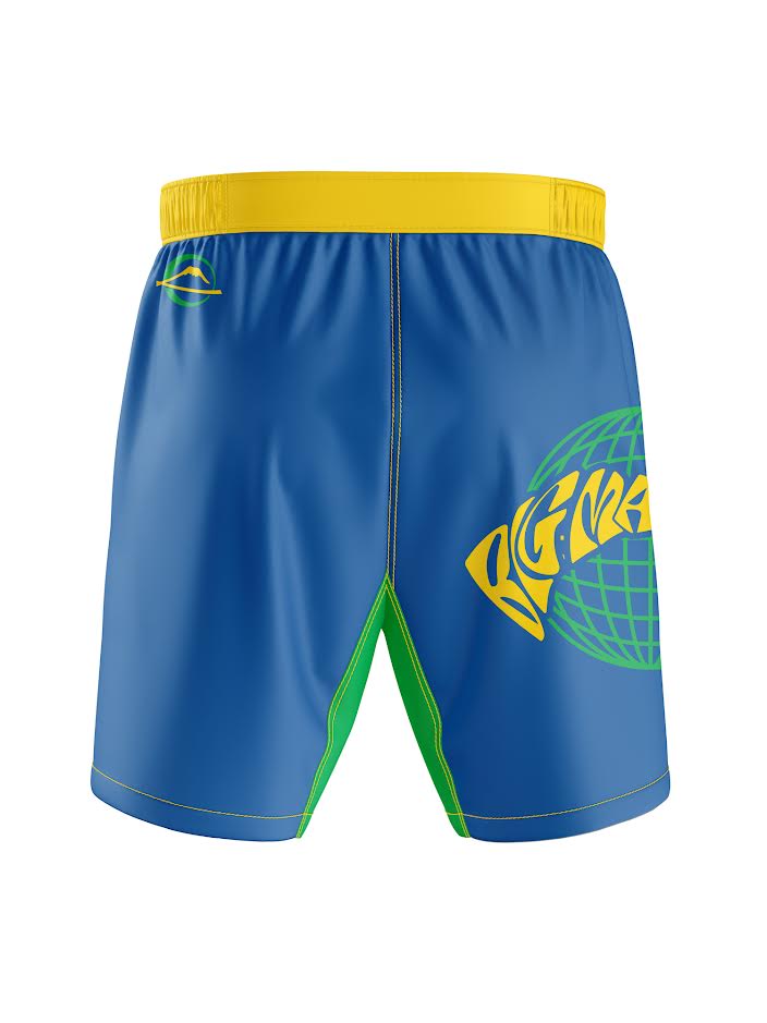 Big Man Flow Brazil Flex Lite Shorts in blue with a yellow waistband, green seam stitching, and a circular graphic on the side.