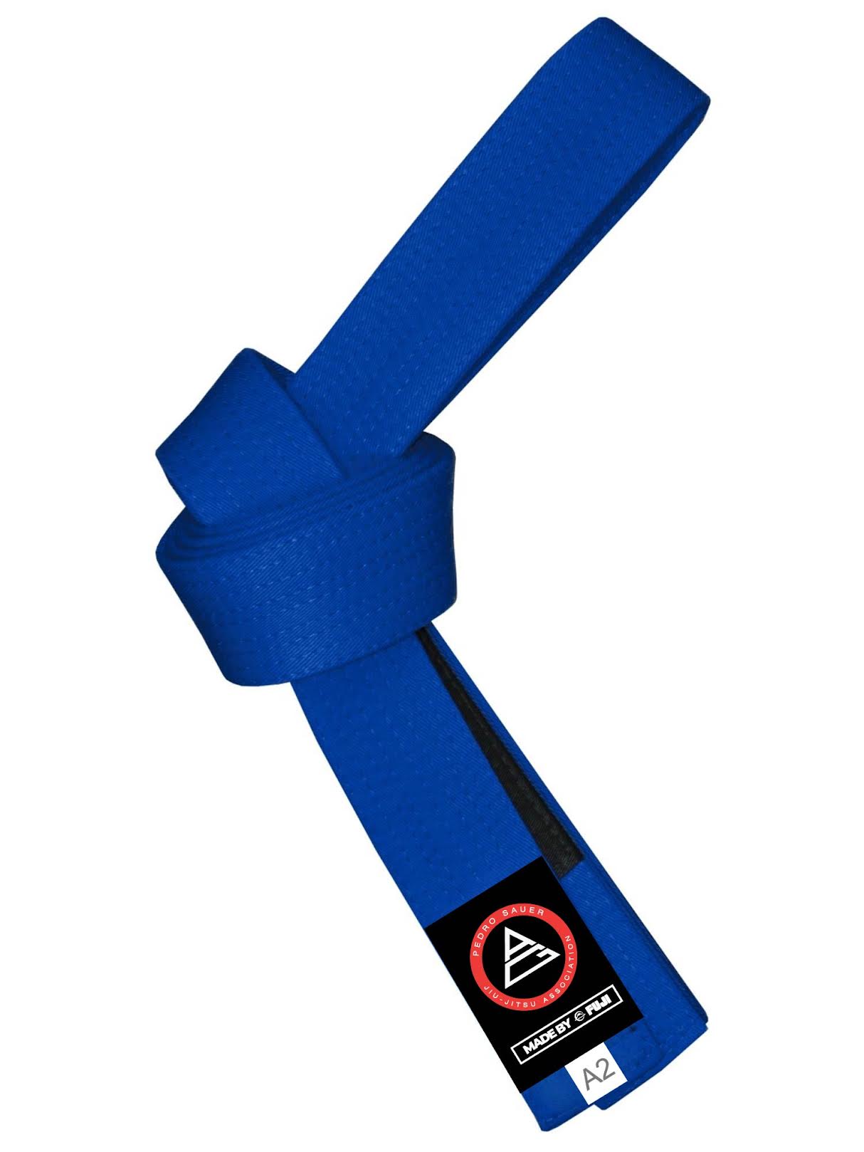 The Pedro Sauer Official Jiu Jitsu Belt Royal Blue is tied in a knot, featuring a black label with a red and white logo, "INCH BY INCH" text, and size A2 printed on it.