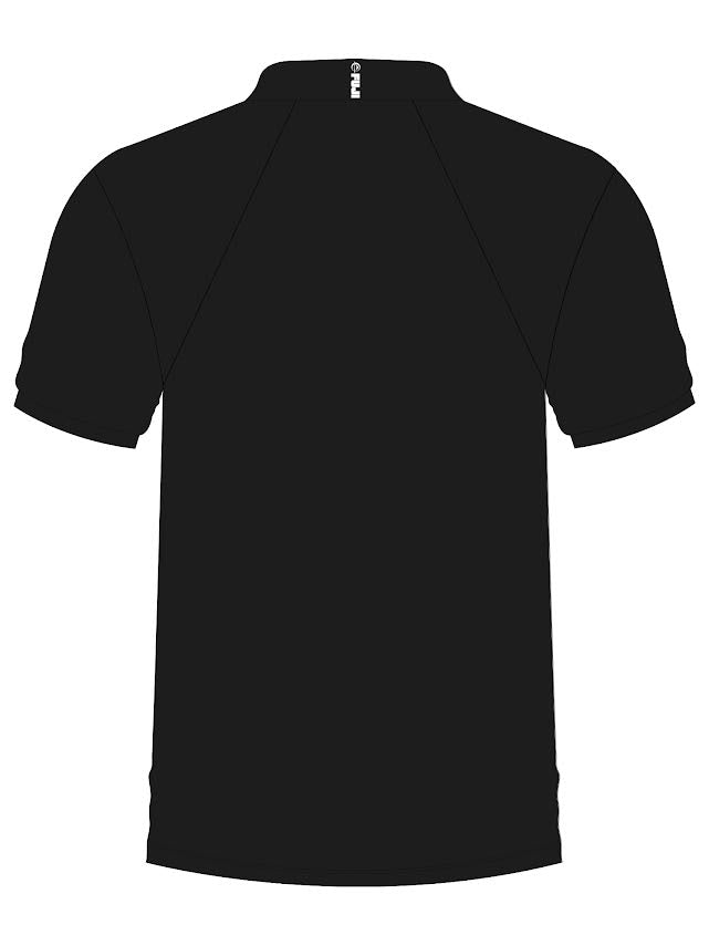 Back view of a black We Defy Performance Polo Black short-sleeved shirt with a small white logo on the collar.