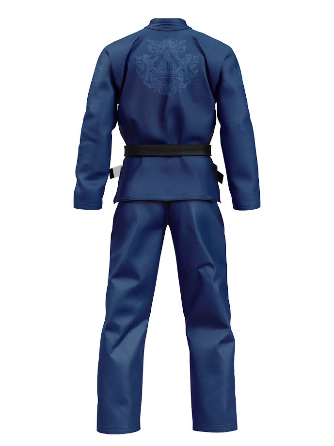 Back view of a navy blue Womens SBG Heraldry Suparaito BJJ GI featuring a black belt and a large, faint heraldic crest printed on the upper back.
