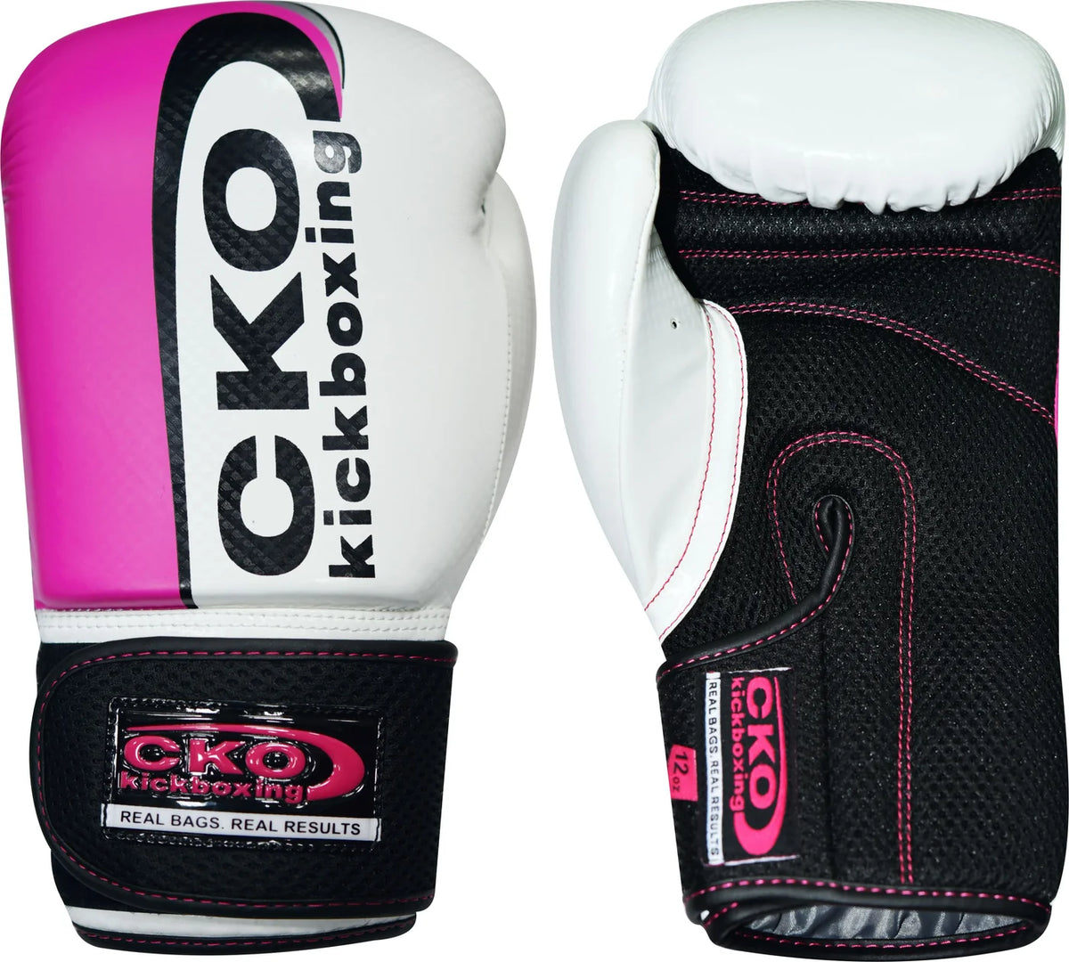 Two CKO Pink Gloves and Gel Wraps Bundle gloves: one displays the white and pink front with the CKO Kickboxing logo, while the other shows the black and white palm side featuring pink stitching and a Velcro strap labeled CKO Kickboxing.
