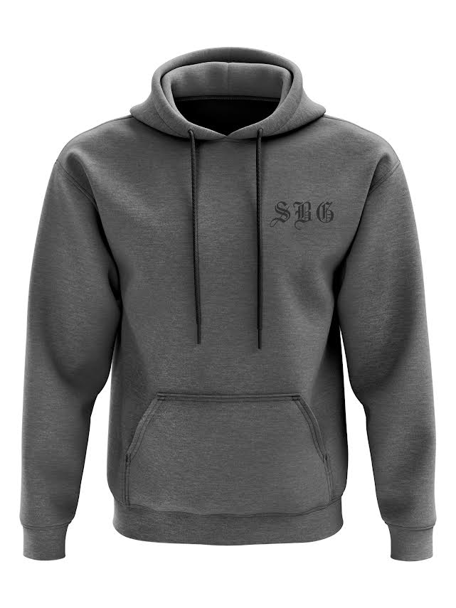 The Kids SBG Vintage Heraldry Hoodie Gray is a dark gray hoodie for kids featuring a front pocket, drawstrings, and black "SBG" old English lettering on the left chest.