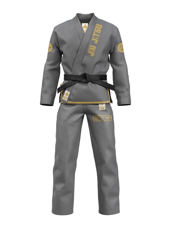 The Womens SBG DRM Suparaito BJJ GI Gray is displayed on an invisible mannequin, featuring gold stitching, patches, and a black belt tied at the waist.