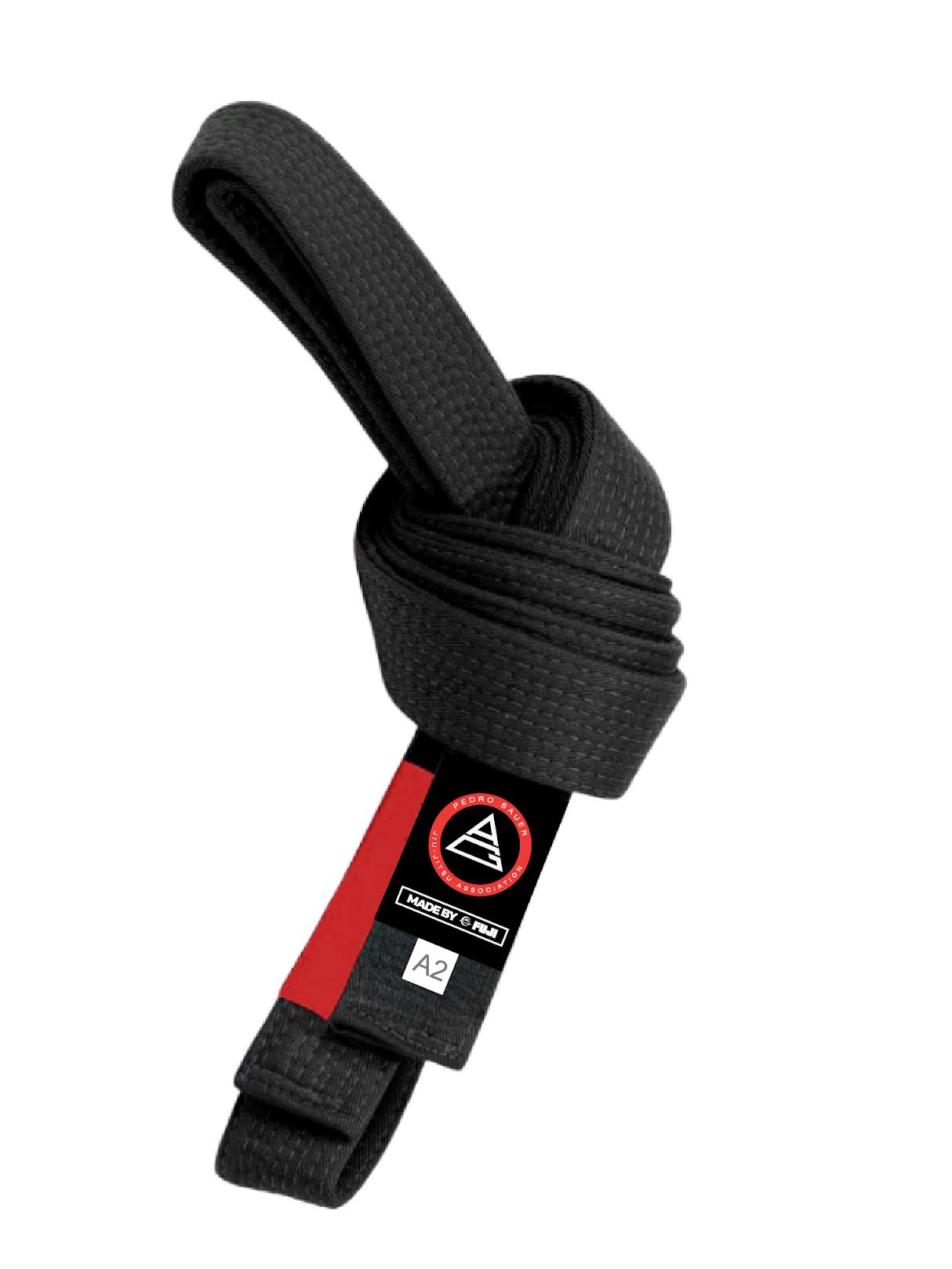 The Pedro Sauer Official Jiu Jitsu Belt Black features a red and black label with a triangle logo, “Academy” text, and an A2 size tag. It is shown neatly folded and knotted.