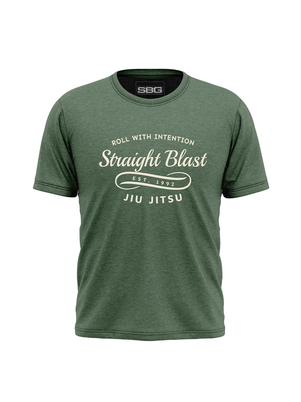The SBG Roll With Intention T-Shirt Green features "ROLL WITH INTENTION Straight Blast EST. 1992 JIU JITSU" in white on the front and a small SBG logo on the collar.
